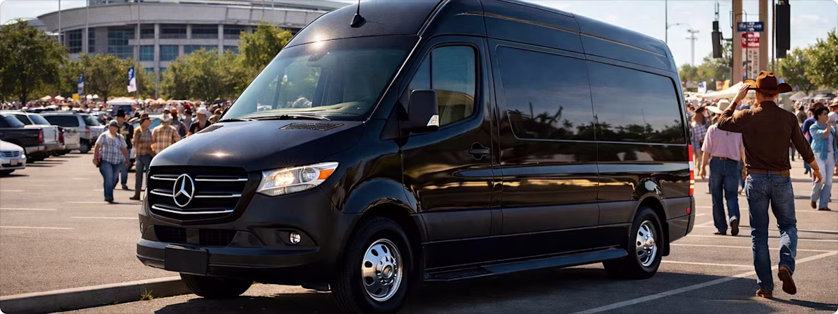 ## Sprinter Van Service for Houston Livestock Show & Rodeo 2026 – Travel Together in Comfort
Bookinglane’s Sprinter Van Service is a popular choice for families, corporate groups, and friends attending the Houston Livestock Show & Rodeo at NRG Park. Our Sprinter Vans accommodate up to 12 passengers, with select configurations accommodating up to 14 passengers, and are available in different interior styles to match your group’s needs and travel style.
Executive-style Sprinter Vans are ideal for corporate groups and VIP guests, offering comfortable seating, a quieter cabin, and a more refined interior for a polished ride to and from RodeoHouston. Shuttle-style Sprinter Vans are a practical option for large families and groups of friends who want efficient, spacious transportation between hotels, NRG Stadium, restaurants, and events. Limo-style Sprinter Vans provide an elevated group experience with enhanced lighting and entertainment features for celebrations and special occasions.
Sprinter Vans offer ample space for personal items, jackets, small coolers, or rodeo gear, making them well suited for full days at the rodeo. Professional chauffeurs manage navigation, traffic, and parking logistics and are familiar with official drop-off and pickup zones near NRG Park, helping your group avoid shuttle lines and long walks.
This service is especially popular for corporate outings, family visits, and concert nights when traffic is heaviest. Vehicles feature climate control, tinted windows, and a smooth ride, with the entire cabin reserved exclusively for your group. Due to high demand during concert weekends and cook-off events, early reservations are strongly recommended.