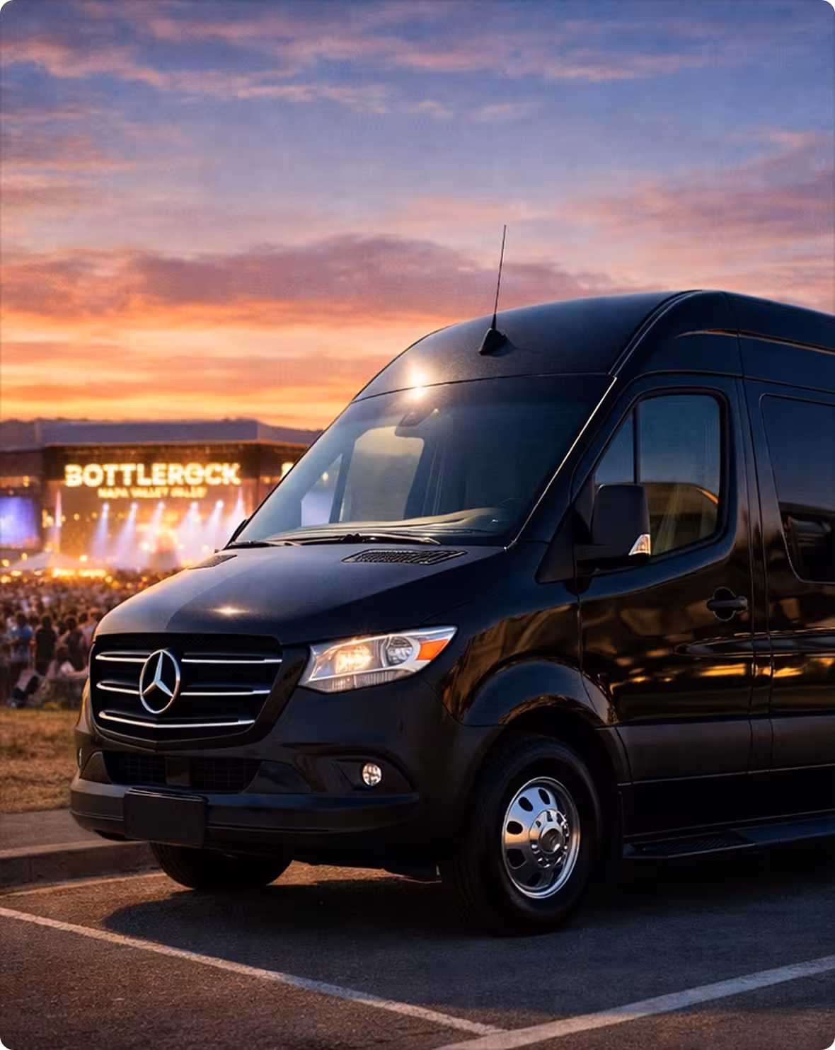 ## Sprinter Van Service for BottleRock Napa Valley 2026 - Travel Together in Comfort 

 Make BottleRock Napa Valley 2026 effortless for your group with Bookinglane’s Sprinter Van Service. Our luxury Sprinter Vans accommodate up to 12 passengers, with select configurations accommodating up to 14 passengers, offering comfortable seating, climate control, and space for personal items or wine purchases. Traveling together eliminates the need for multiple vehicles and keeps your group relaxed from pickup to drop-off. 

 Sprinter Van service is ideal for festival days as well as multi-day stays in Napa Valley. Professional chauffeurs are familiar with local roads, winery routes, and official festival drop-off areas, helping you avoid traffic congestion and arrive on time. High ceilings, tinted windows, and a smooth ride make the journey comfortable between concerts, tastings, and dinners. 

 At the end of the day, return safely without waiting for shuttles or rideshares. Sprinter Van Service is well suited for families, friends, and corporate groups seeking coordinated, reliable transportation to BottleRock Napa Valley 2026. Due to limited availability during festival weekend, early reservations are strongly recommended.
