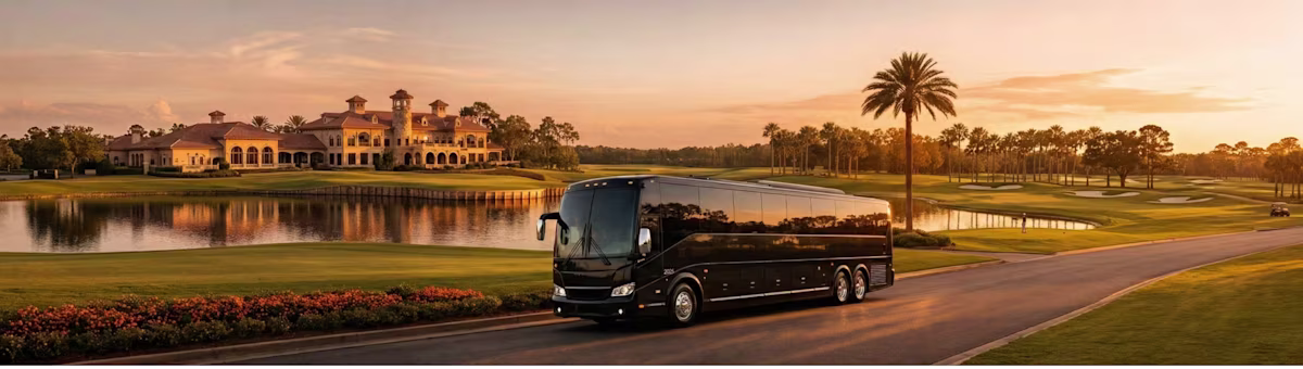 ## Charter Bus Service for The Players Championship 2026 at TPC Sawgrass – Group Transfers Made Easy
When the scale of your group requires more than a Sprinter Van can provide, Bookinglane's Charter Bus Service is the right solution for The Players Championship 2026. Whether you are organizing transportation for a large corporate hospitality program, a sponsor delegation, a golf society, or an employee appreciation group, the charter fleet offers the capacity, comfort, and professional coordination needed to move everyone between TPC Sawgrass, Jacksonville area hotels, and surrounding venues throughout the week.
Four vehicle classes are available to match your group size and experience requirements. The **Mini Coach**, accommodating up to 28 passengers, is an excellent fit for mid-size groups who want the amenities of a full charter experience in a more agile vehicle — easier to navigate the approach roads to TPC Sawgrass while still delivering genuine comfort throughout the journey. The **Mid-Size Motorcoach**, accommodating up to 35 passengers, is ideal for groups attending multiple days of competition who need consistent, scheduled transfers between hotels and the course. The **Full-Size Executive Coach**, accommodating up to 56 passengers, provides a premium high-capacity solution for major corporate delegations and large hospitality groups, featuring comfortable seating, climate control, and generous luggage storage. The **Limo-Style Bus**, accommodating up to 50 passengers, adds a celebratory dimension to group travel with limousine-inspired interiors and upscale seating that transforms the journey itself into part of the Players Championship experience.
Bookinglane facilitates airport-to-hotel transfers from Jacksonville International Airport (JAX) and St. Augustine-St. Johns County Airport (UST). From there, your charter bus can manage a comprehensive multi-day transportation program covering every round of The Players Championship 2026, along with off-course events, sponsor functions, and dining experiences throughout the First Coast region.
