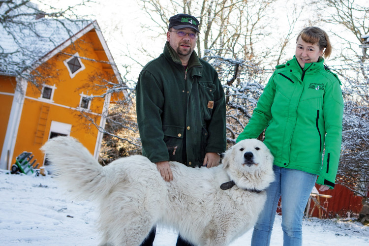 Karviaisten tilan Katriina ja Martin Klinckowström  ulkona koiran kanssa
