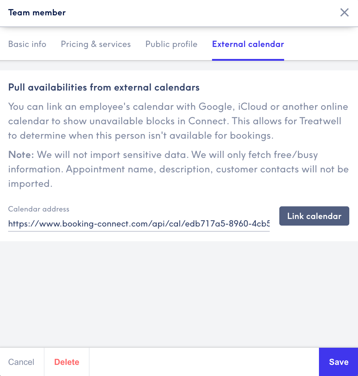 Image of Treatwell Staff External Calendar