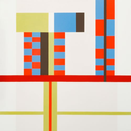 A geometric composition with bright colors. There is a horizontal red line in the center with asymmetrical, vertical groupings of red, blue, and green blocks above. Below the line are perpendicular intersecting lines of yellow-green and orange-red.