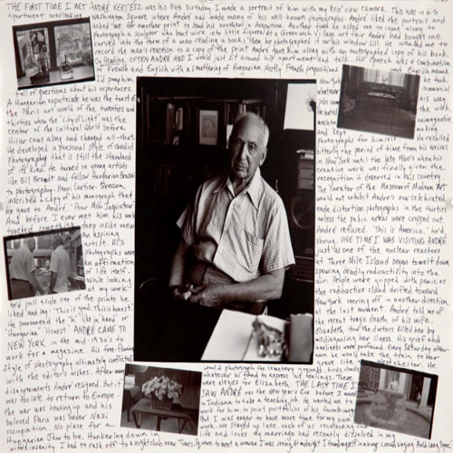 A vertical photograph of an older, light-skinned man in a checked shirt seated at a desk. Five smaller photographs of interior and exterior scenes surround the central image. All photos are arranged on a white background filled with handwritten text. 