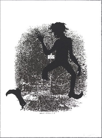 a black and white image of a silhouetted figure of a fleeing enslaved person wincing in horror at his severed foot. In the background is an enlarged fragment of the original edition of Harper’s Pictorial History of the Civil War