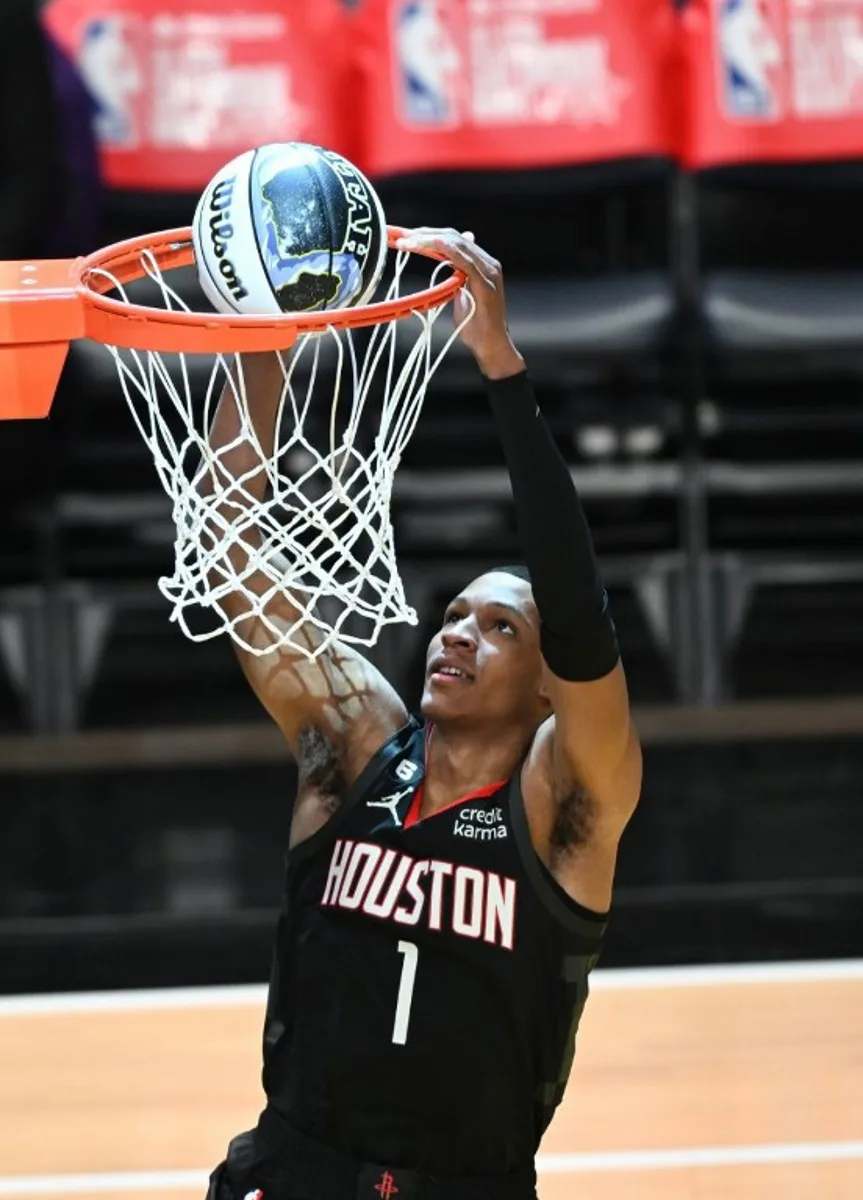 Houston Rockets' Jabari Smith Jr. scores during the Kia skills challenge relay during the NBA All-Star week-end in Salt Lake City, Utah, February 18, 2023.   Patrick T. Fallon / AFP