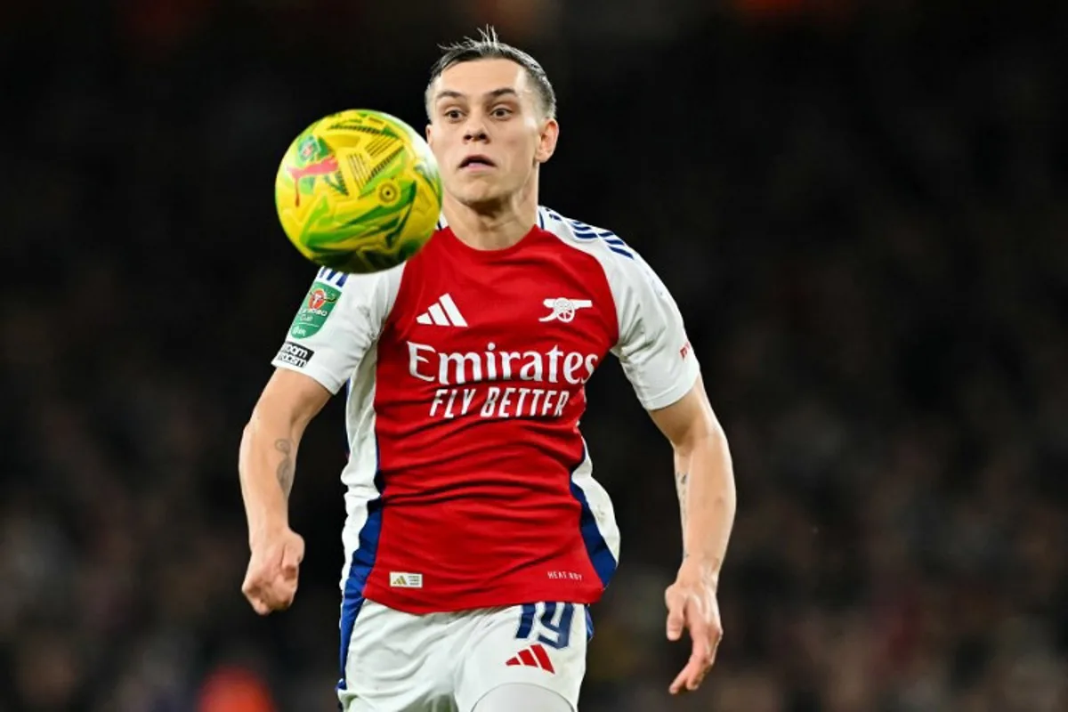 Arsenal's Belgian midfielder #19 Leandro Trossard eyes the ball during the English League Cup quarter-final football match between Arsenal and Crystal Palace at the Emirates Stadium, in London, on December 18, 2024.  Glyn KIRK / AFP