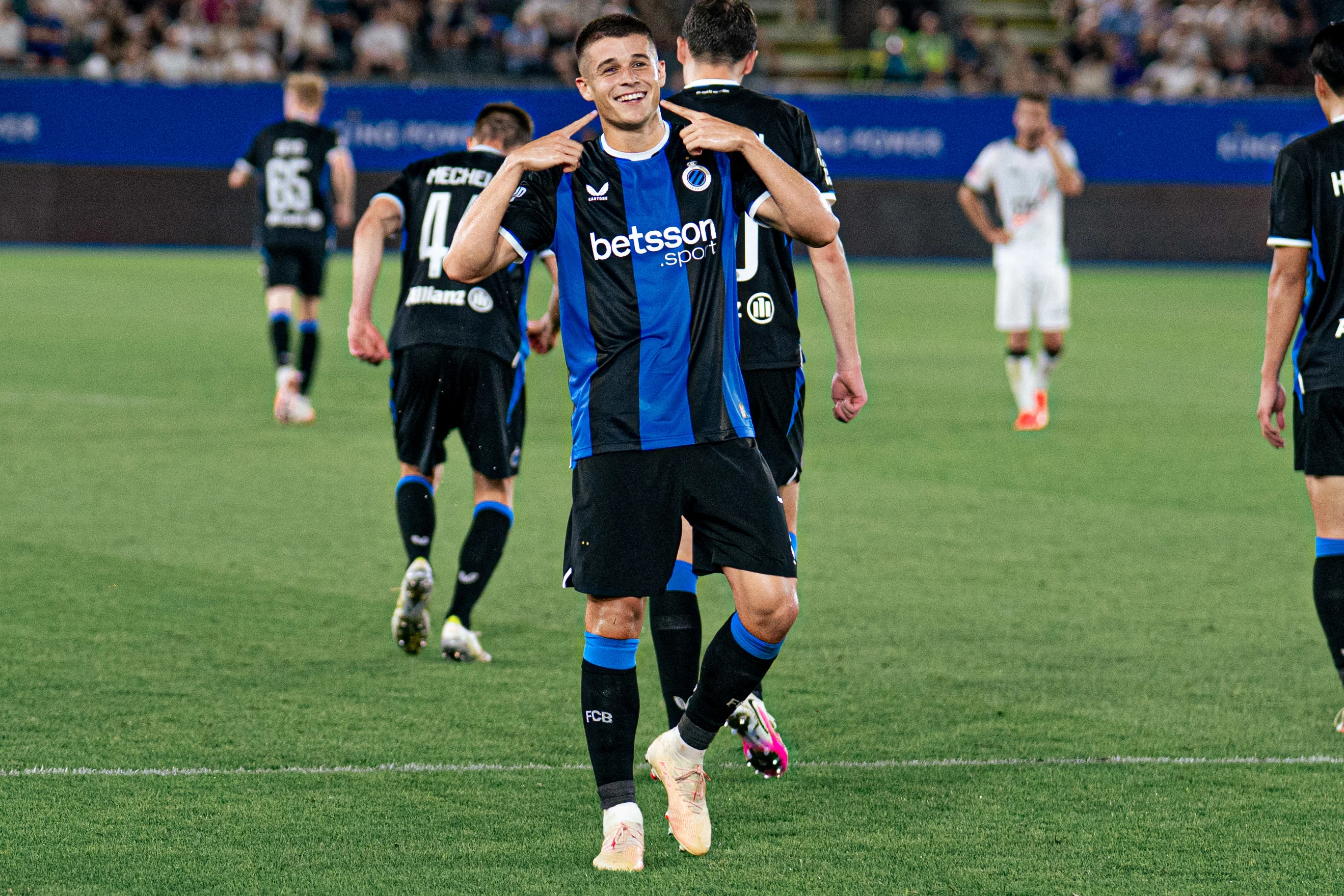 Club's Nicolo Tresoldi celebrate after scoring during a soccer match between Oud-Heverlee Leuven and Club Brugge, Saturday 15 August 2026 in Leuven, on day 2 of the 2026-2027 'Jupiler Pro League' first division of the Belgian championship. BELGA PHOTO EMILE WINDAL