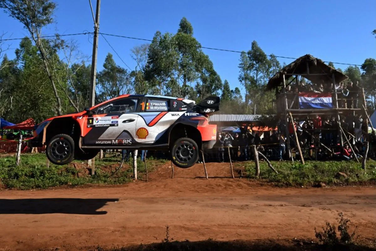 Belgium Driver Thierry Neuville And Co-driver Martijn Wydaeghe compete in their Hyundai i20 N Rally1 during the Nueva Alborada stage of the WRC Rally Paraguay, the 10th round of the FIA World Rally Championship (WRC), near Encarnacion, Paraguay on August 29, 2025. Luis ROBAYO / AFP