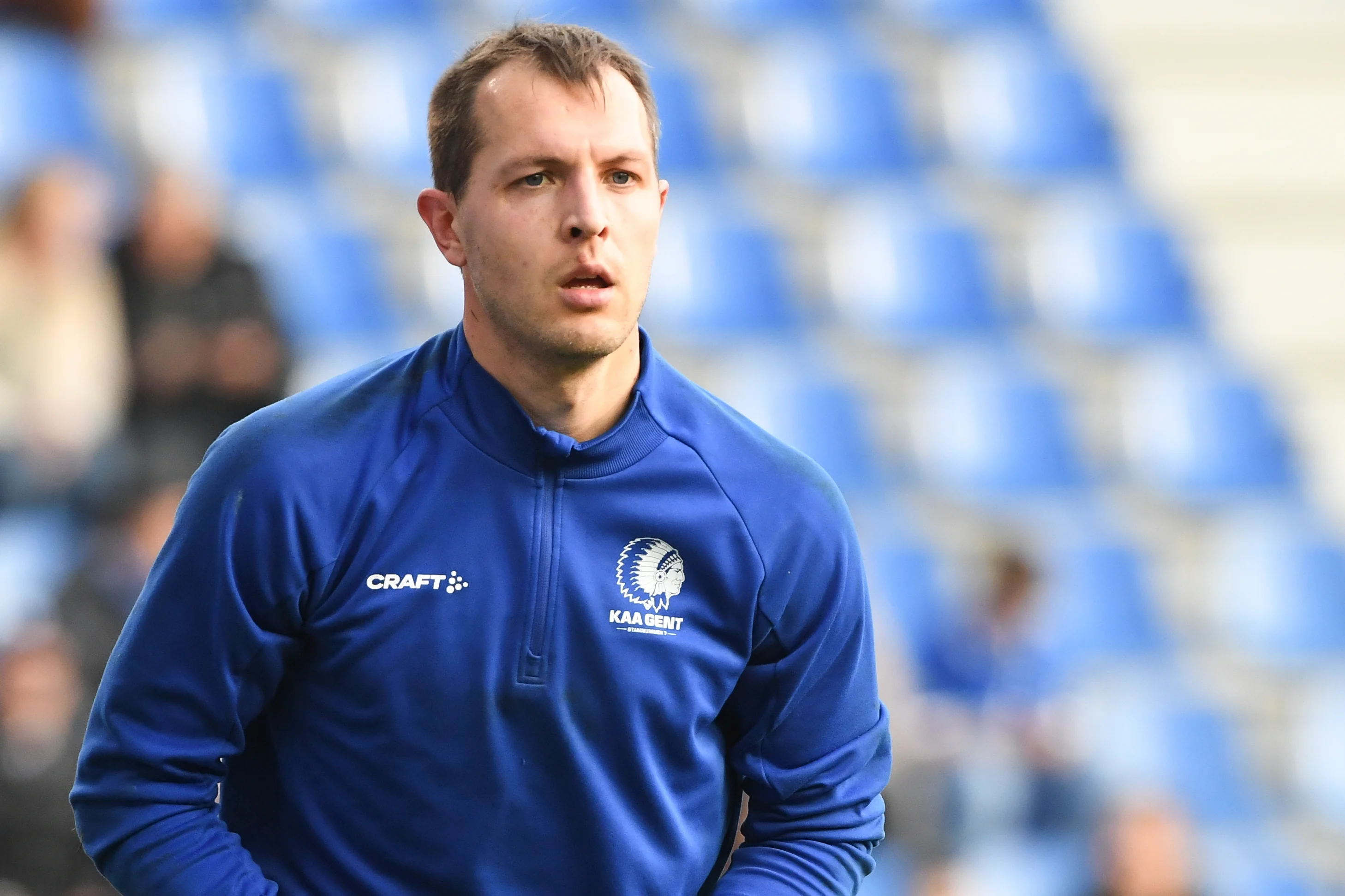 Gent's goalkeeper Davy Roef pictured during a soccer match between KRC Genk and KAA Gent, Sunday 23 February 2025 in Genk, on day 27 of the 2024-2025 season of the 'Jupiler Pro League' first division of the Belgian championship. BELGA PHOTO JILL DELSAUX