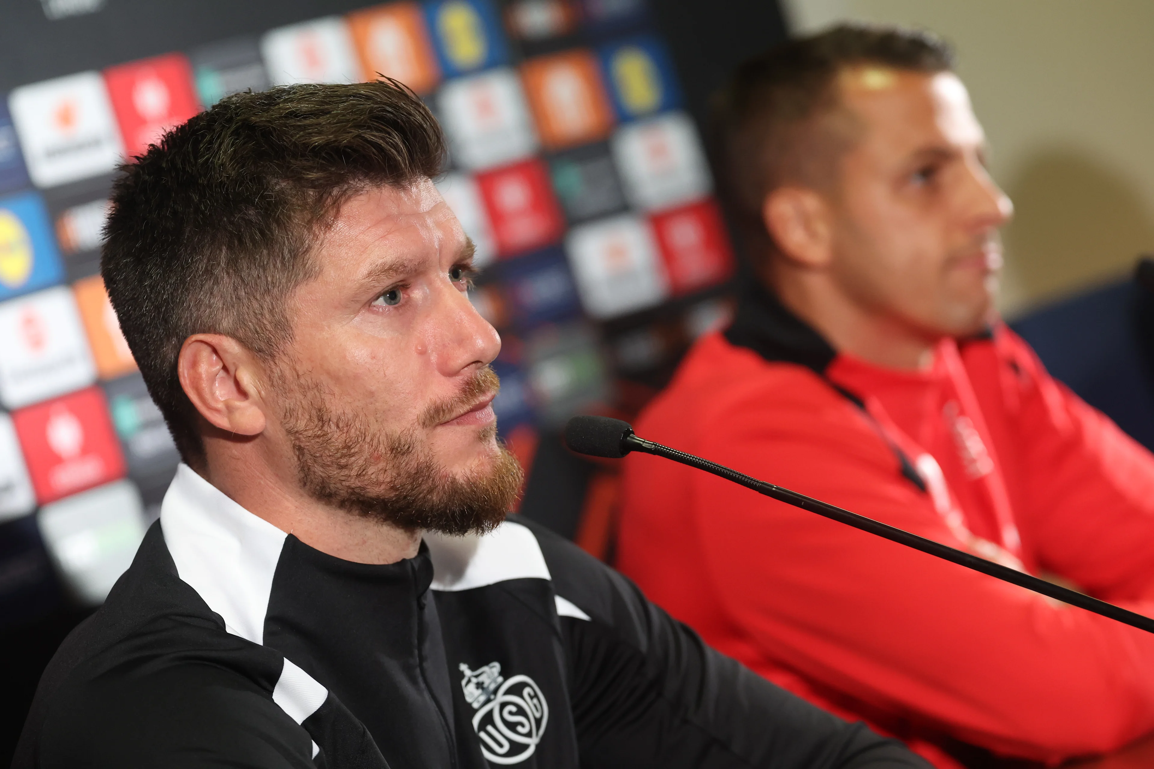 Union's head coach Sebastien Pocognoli pictured during a press conference of Belgian soccer team Royale Union Saint-Gilloise in Istanbul, Turkey, on Wednesday 25 September 2024. The team prepares for tomorrow's match against Turkish team Fenerbahce, on the opening day of the League phase of the UEFA Europa League tournament. BELGA PHOTO VIRGINIE LEFOUR