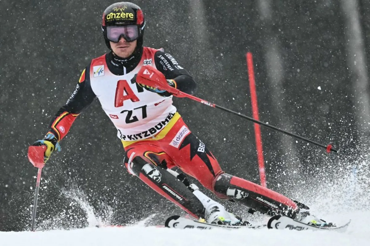 Belgium's Armand Marchant competes during the men's Slalom event of the FIS Alpine Skiing World Cup in Kitzbuehel, Austria, on January 26, 2025.  Joe Klamar / AFP