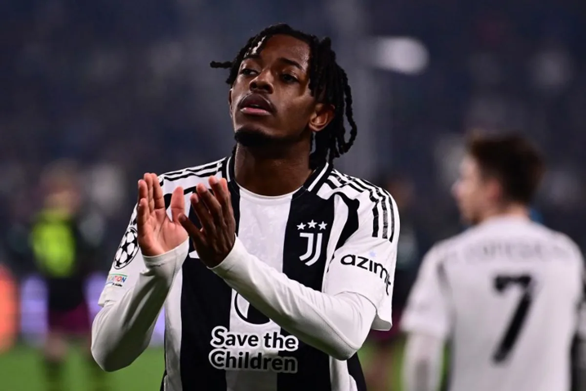 Juventus' Belgian forward #51 Samuel Mbangula celebrates scoring his team's second goal during the UEFA Champions League knockout phase play-off 1st leg football match between Juventus and PSV Eindhoven at the Allianz stadium in Turin, on February 11, 2025.  Marco BERTORELLO / AFP