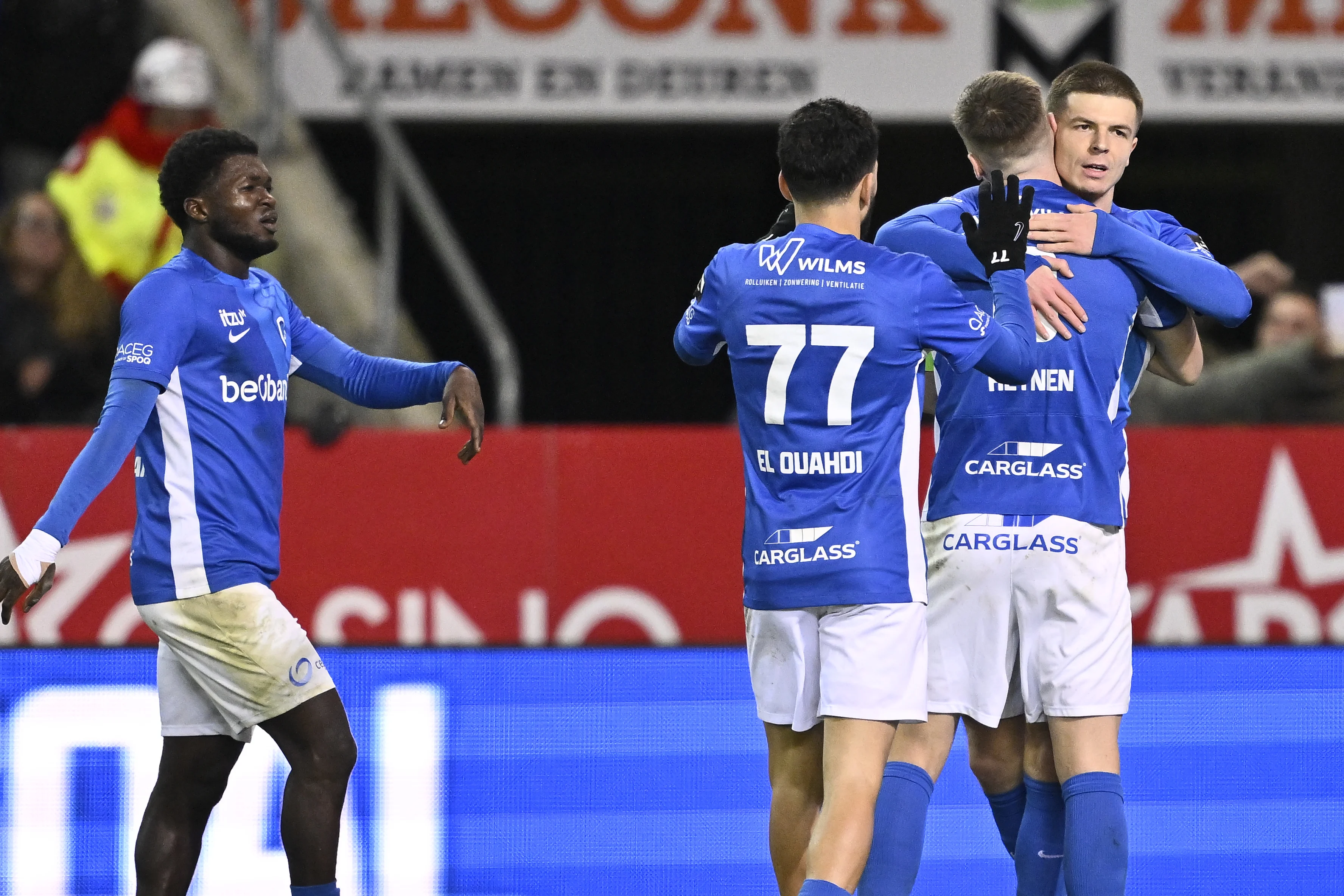 Genk's Jarne Steuckers celebrates after scoring during a soccer match between KRC Genk and Sporting Charleroi, Saturday 23 November 2024 in Genk, on day 15 of the 2024-2025 season of the 'Jupiler Pro League' first division of the Belgian championship. BELGA PHOTO JOHAN EYCKENS