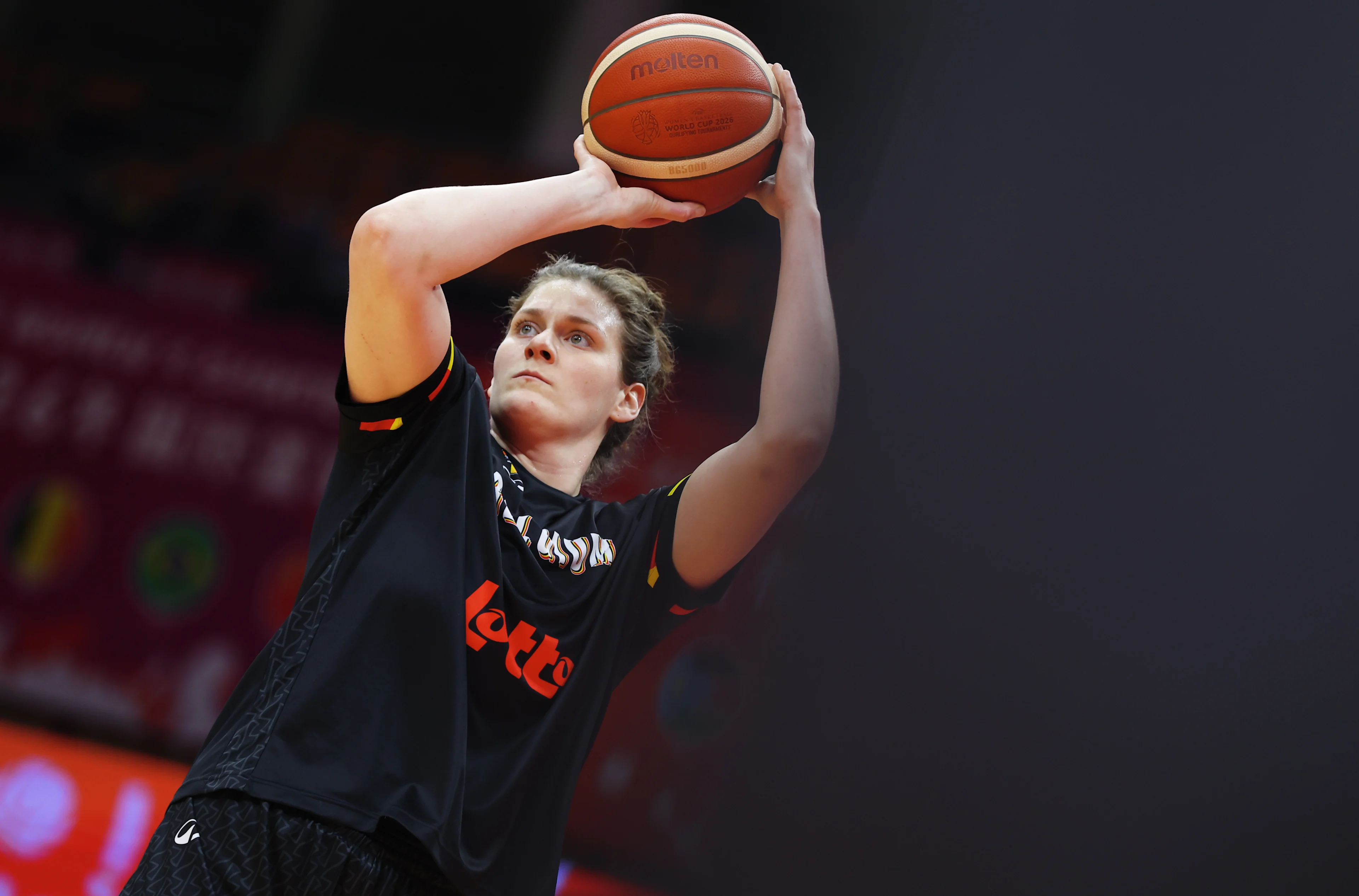 Belgium's Kyara Linskens pictured in action during the warming-up for a basket game between Belgium's national team Belgian Cats and South Sudan, in Wuhan, China, on Sunday 15 March 2026, the fourth game (out of 5) of the qualifications phase for the World Cup Basket tournament. BELGA PHOTO NIKOLA KRSTIC