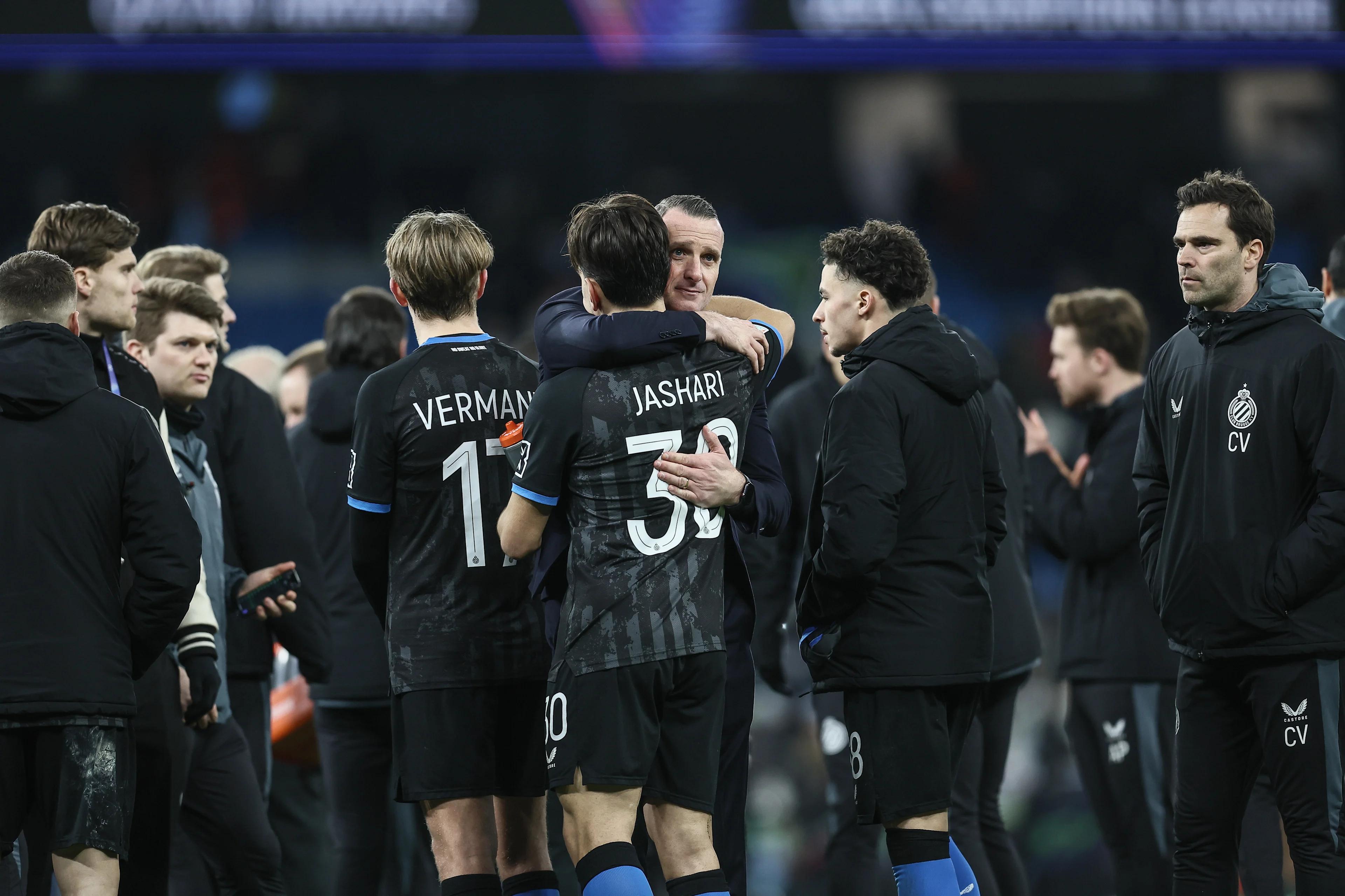 Club's players look dejected after a soccer game between English Manchester City and Belgian Club Brugge KV, Wednesday 29 January 2025 in Manchester, United Kingdom, on the eight day (out of 8) of the UEFA Champions League league phase. BELGA PHOTO BRUNO FAHY