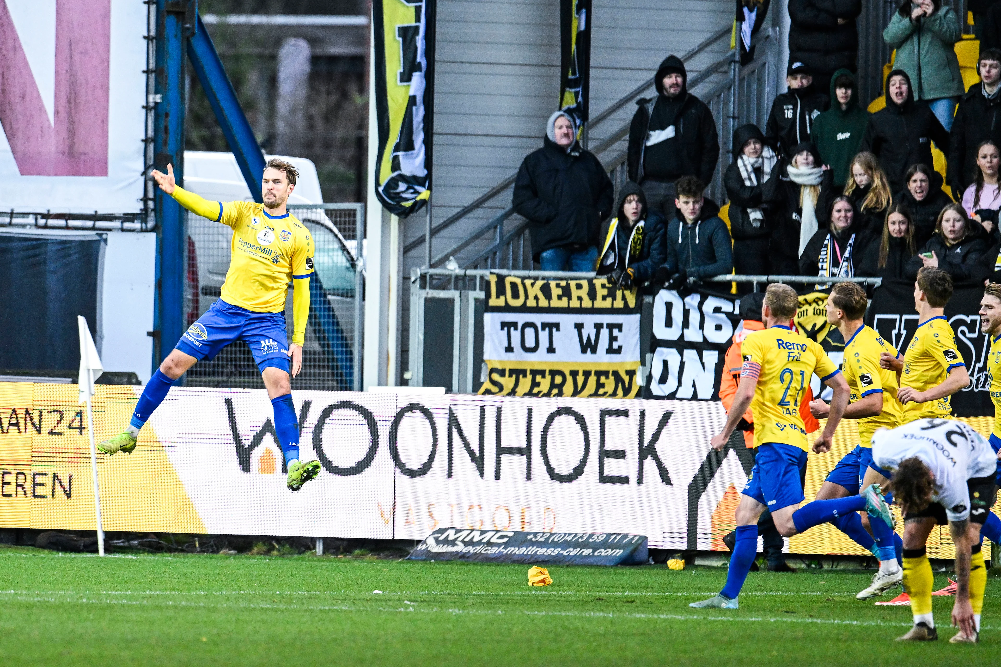 Beveren's Lennart Mertens celebrates after scoring during a soccer match between KSC Lokeren-Temse and kSK Beveren, Sunday 22 December 2024 in Lokeren, on day 14 of the 2024-2025 'Challenger Pro League' 1B second division of the Belgian championship. BELGA PHOTO TOM GOYVAERTS