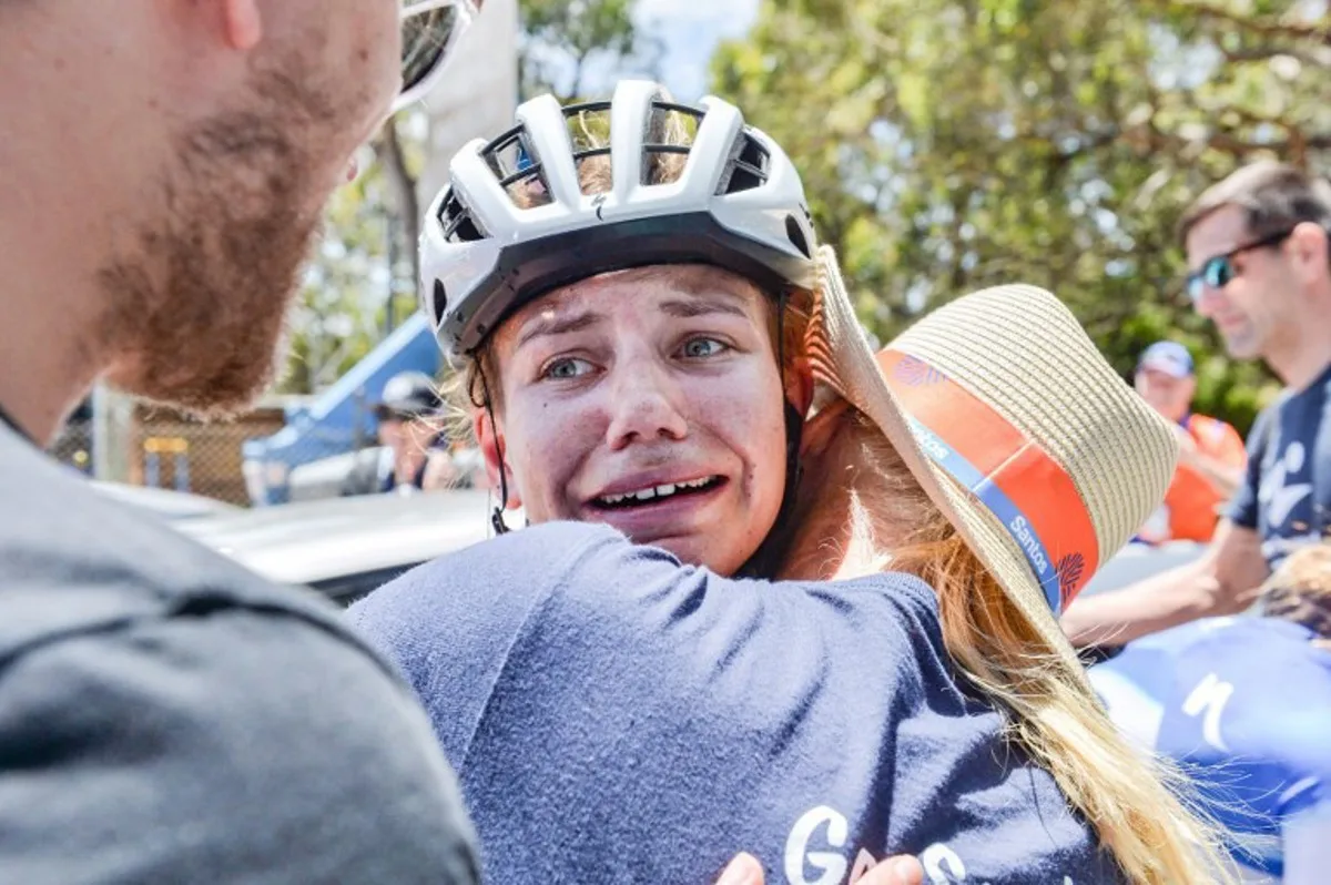 AG Insurance - Soudal rider Sarah Gigante from Australia reacts after winning the third stage of the Tour Down Under cycling race in Adelaide on January 14, 2024. Brenton EDWARDS / AFP