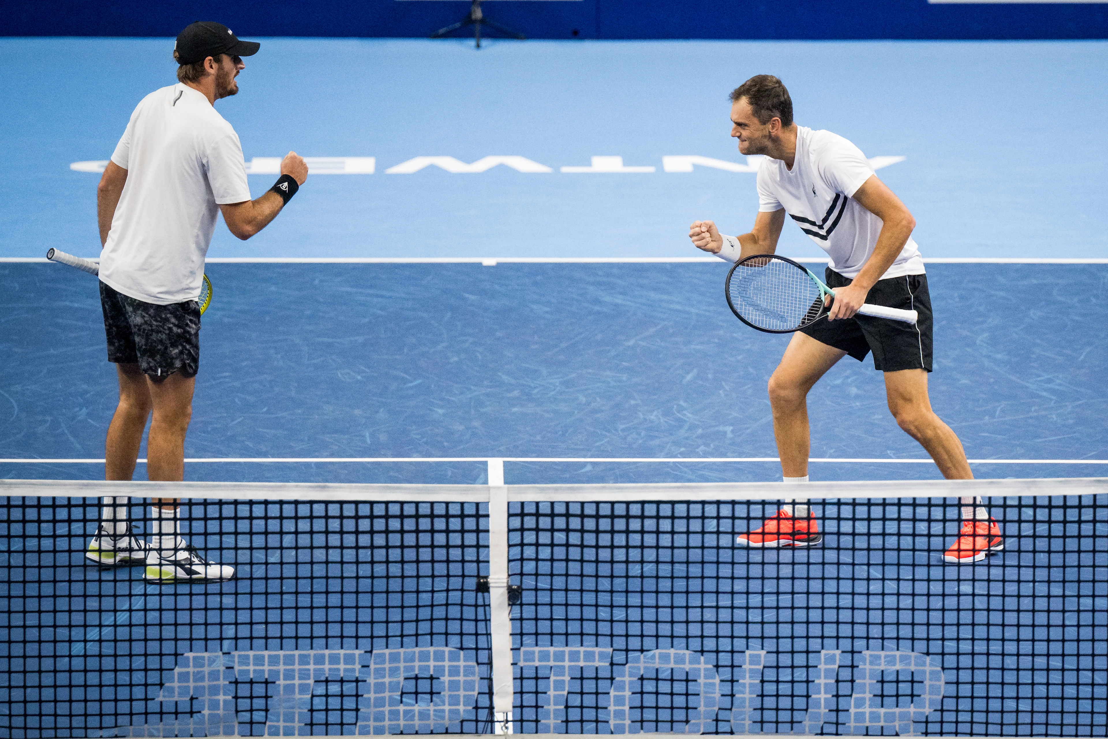 Robert Galloway and Kazach Aleksandr Nedovyesov pictured in action during a tennis match in the semi finals of the doubles competition at the ATP European Open Tennis tournament in Antwerp, Saturday 19 October 2024. BELGA PHOTO JASPER JACOBS