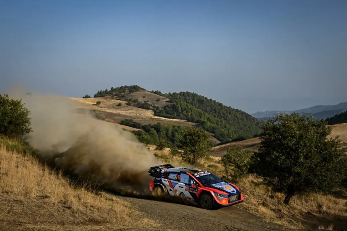 Belgium's Thierry Neuville and his co-driver Martijn Wydaeghe drive their Hyundai i20 N Rally1 Hybrid at the special stage Rengini during the Acropolis Rally in Rengini on September 7, 2024.  Aris MESSINIS / AFP