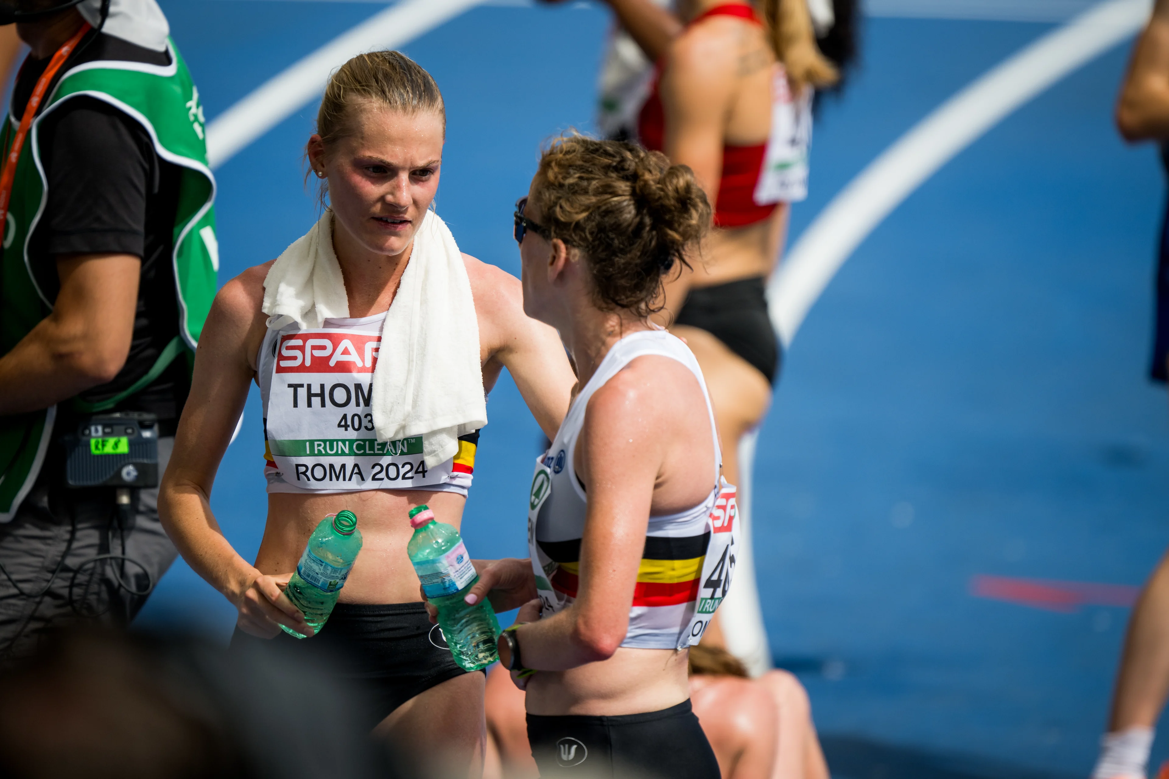 Belgian Juliette Thomas and Belgian Hanne Verbruggen pictured after the European Championships Athletics in Rome, Italy, on Sunday 09 June 2024. The European Athletics Championships take place from 7 to 12 June. BELGA PHOTO JASPER JACOBS