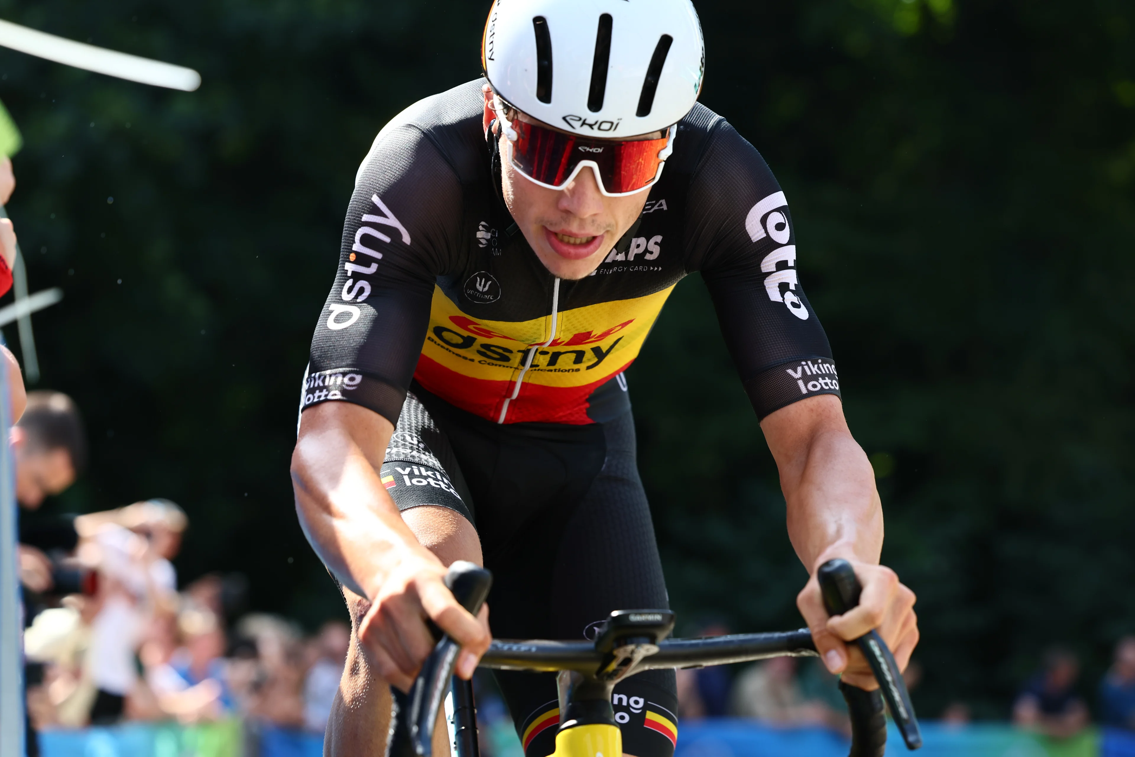 Belgian Arnaud De Lie of Lotto Dstny pictured in action during the fifth and last stage of the 'Renewi Tour' multi-stage cycling race, from Menen to Geraardsbergen (202,5 km) on Sunday 01 September 2024. The five-day race takes place in Belgium and the Netherlands.  BELGA PHOTO DAVID PINTENS