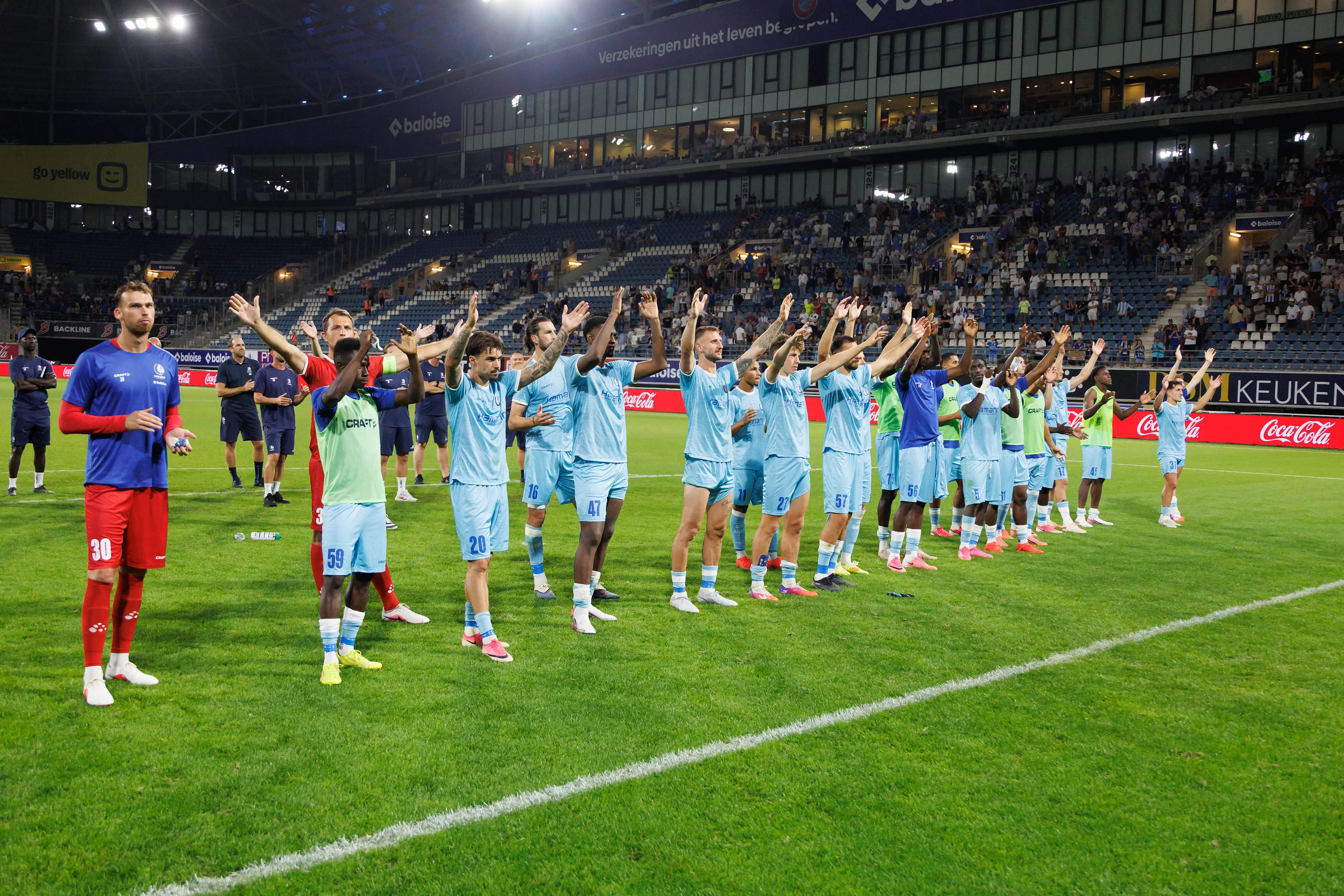 Gent's players celebrate after a game between Belgian KAA Gent and Swedish IFK Goteborg , in Gent, Belgium, on Thursday 13 August 2026, a return leg game in the third qualifying round of the UEFA Conference League competition.  Gent won 0-1 the first leg. BELGA PHOTO KURT DESPLENTER