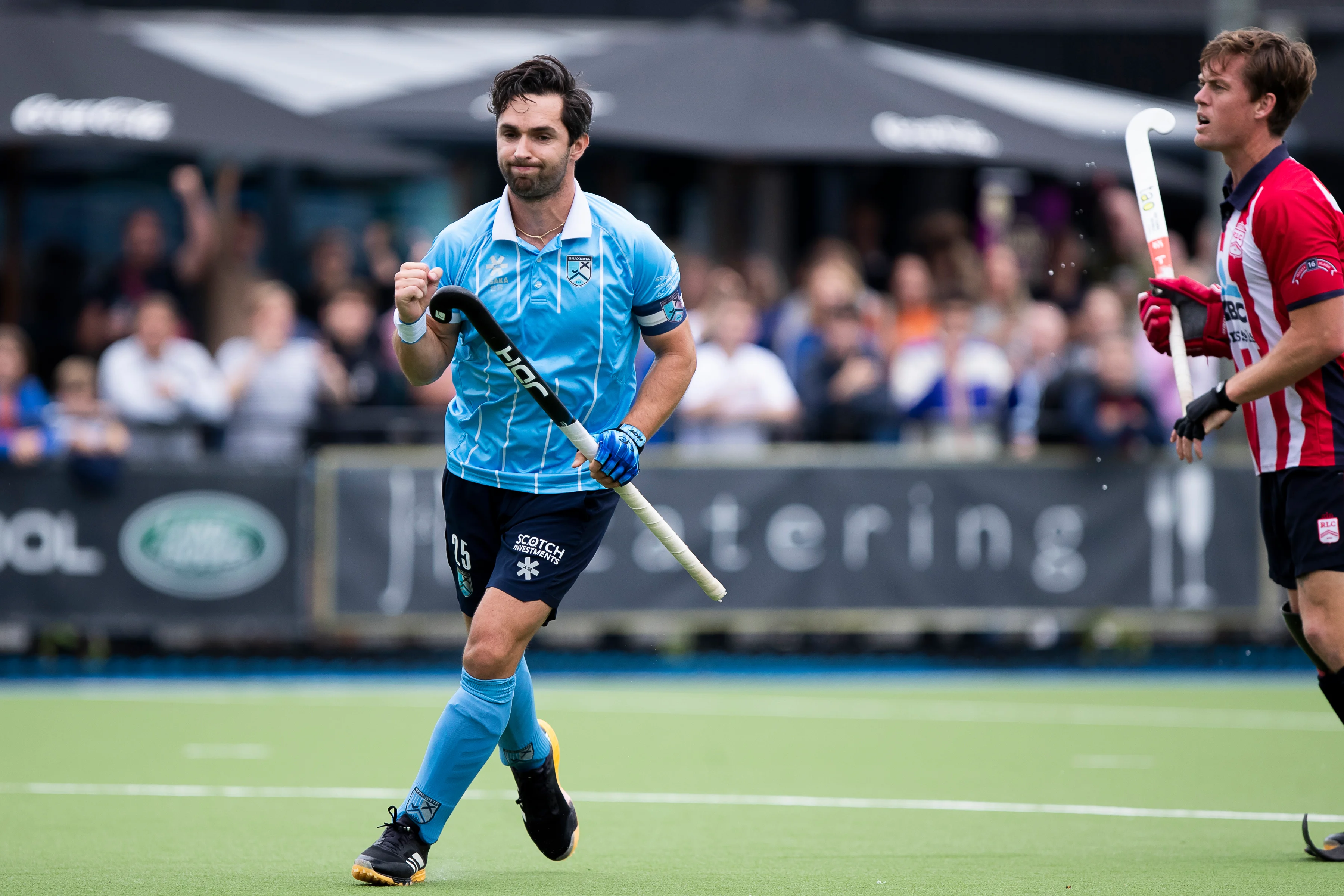 Braxgata's Loick Luypaert celebrates after scoring during a hockey game between Braxgata and Royal Leopold Club, Sunday 22 September 2024 in Boom, on day 3 of the Belgian first division hockey championship. BELGA PHOTO KRISTOF VAN ACCOM