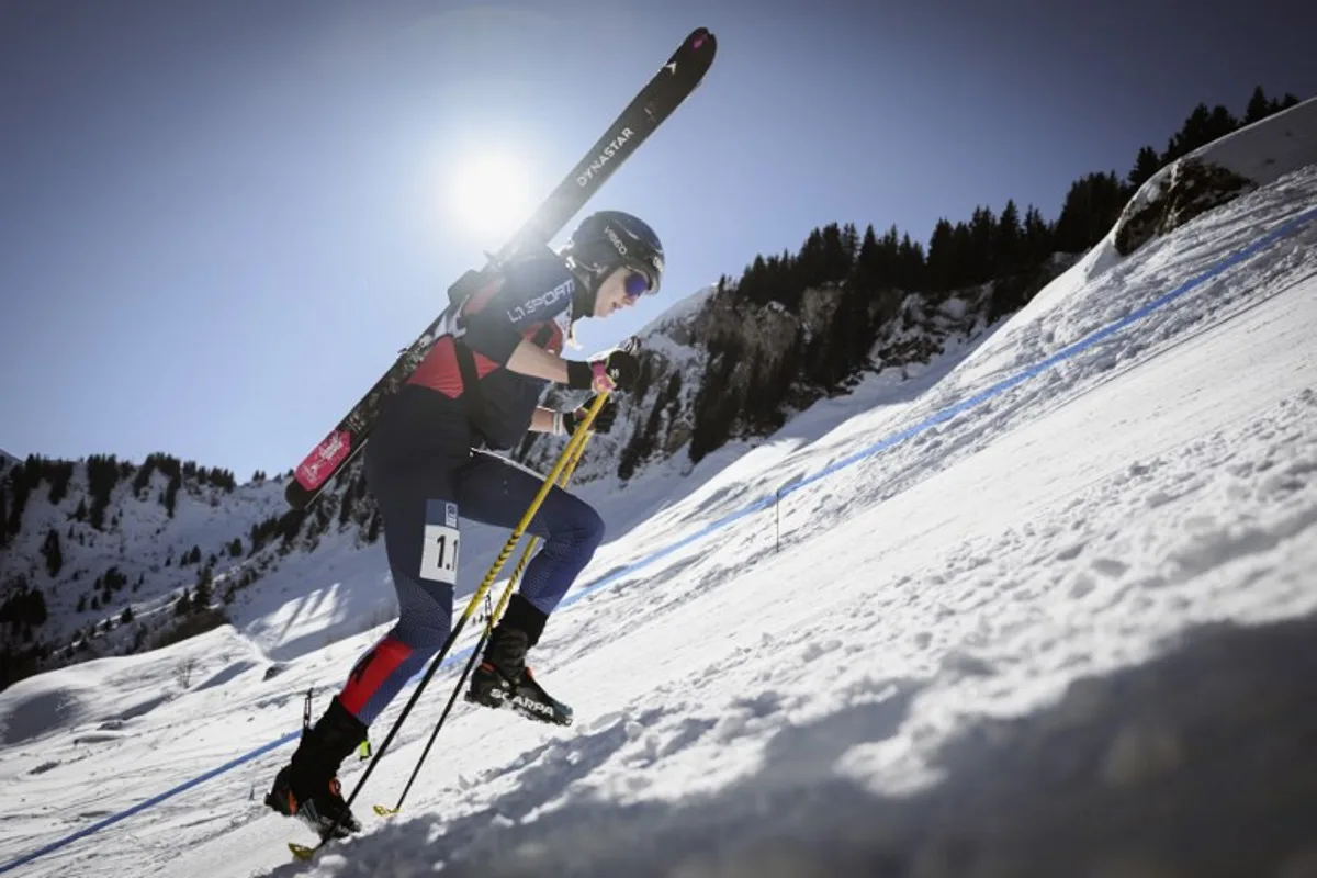 France's Emily Harrop competes during the qualifications of the Mixed Relay event at the Ski mountaineering (ISMF) World Championships in Les Crosets on March 3, 2025.  GABRIEL MONNET / AFP