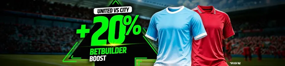 Disfruta de un 20% extra en tu apuesta de 'crear tu apuesta' en United vs City de Premier League