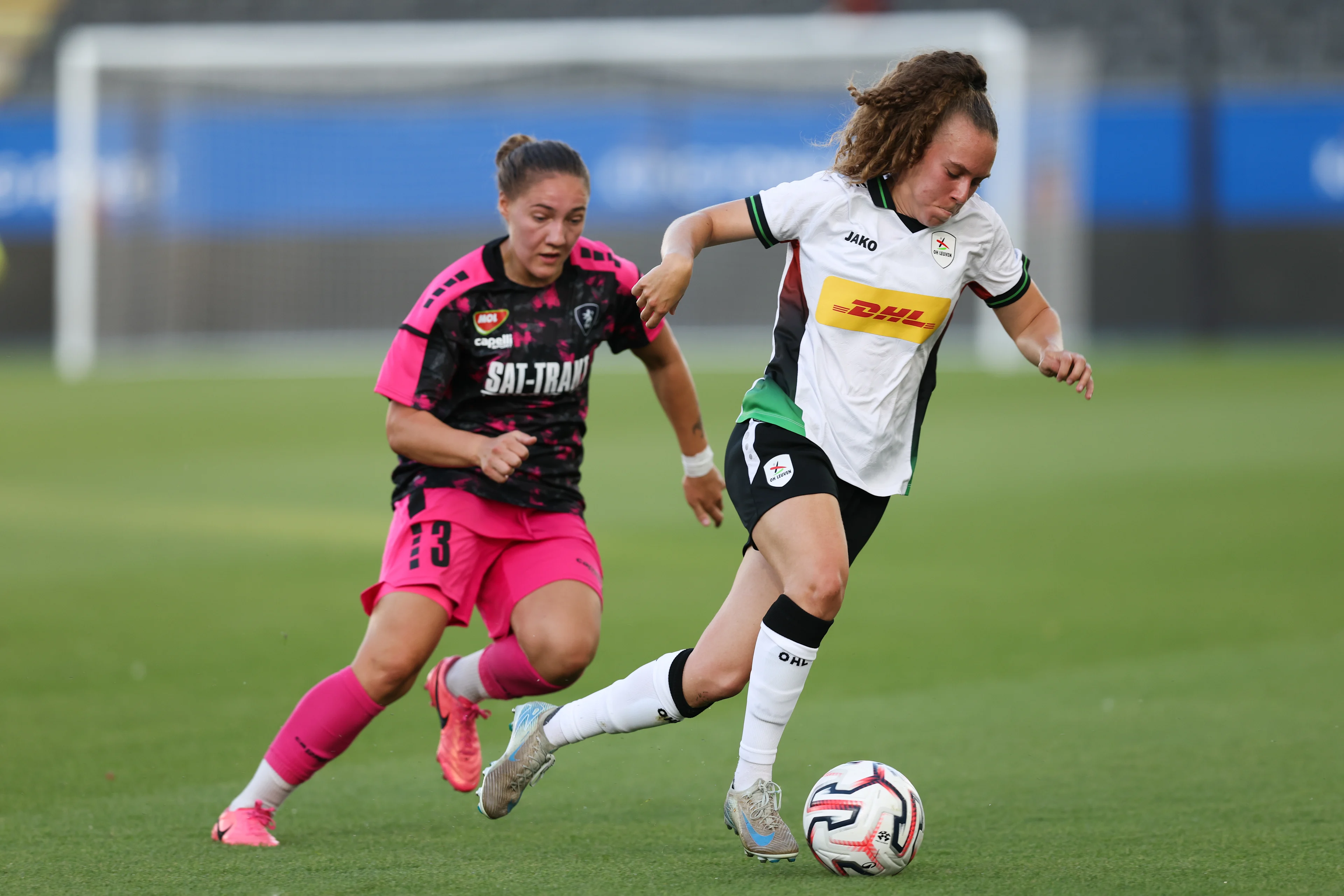 TSC Backa Topola's Katarina Silusi and OHL Women's Alixe Bosteels fight for the ball during a game between Oud-Heverlee Leuven Women and Serbian club TSC Backa Topola, Wednesday 5th of August 2026, in Leuven, a second round qualification game in the UEFA Women's Champions League. BELGA PHOTO BRUNO FAHY