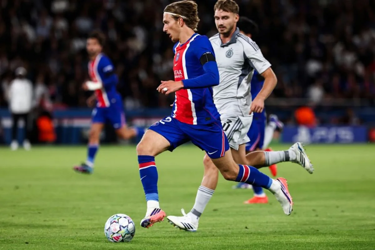 Paris Saint-Germain's Belgian forward #22 Mika Godts controls the ball during the UEFA Champions League, league phase, matchday 1, football match between Paris Saint-Germain (PSG) and Slovan Bratislava at the Parc des Princes Stadium in Paris on September 9, 2026.  FRANCK FIFE / AFP