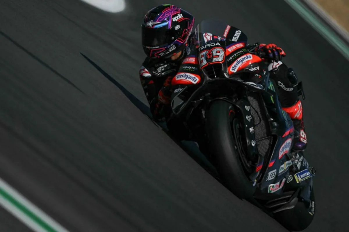 Aprilia Racing's Spanish rider Jorge Martin takes part in the MotoGP Practice Session on the first day of the MotoGP British Grand Prix weekend at Silverstone circuit, central England on August 7, 2026.  Glyn KIRK / AFP