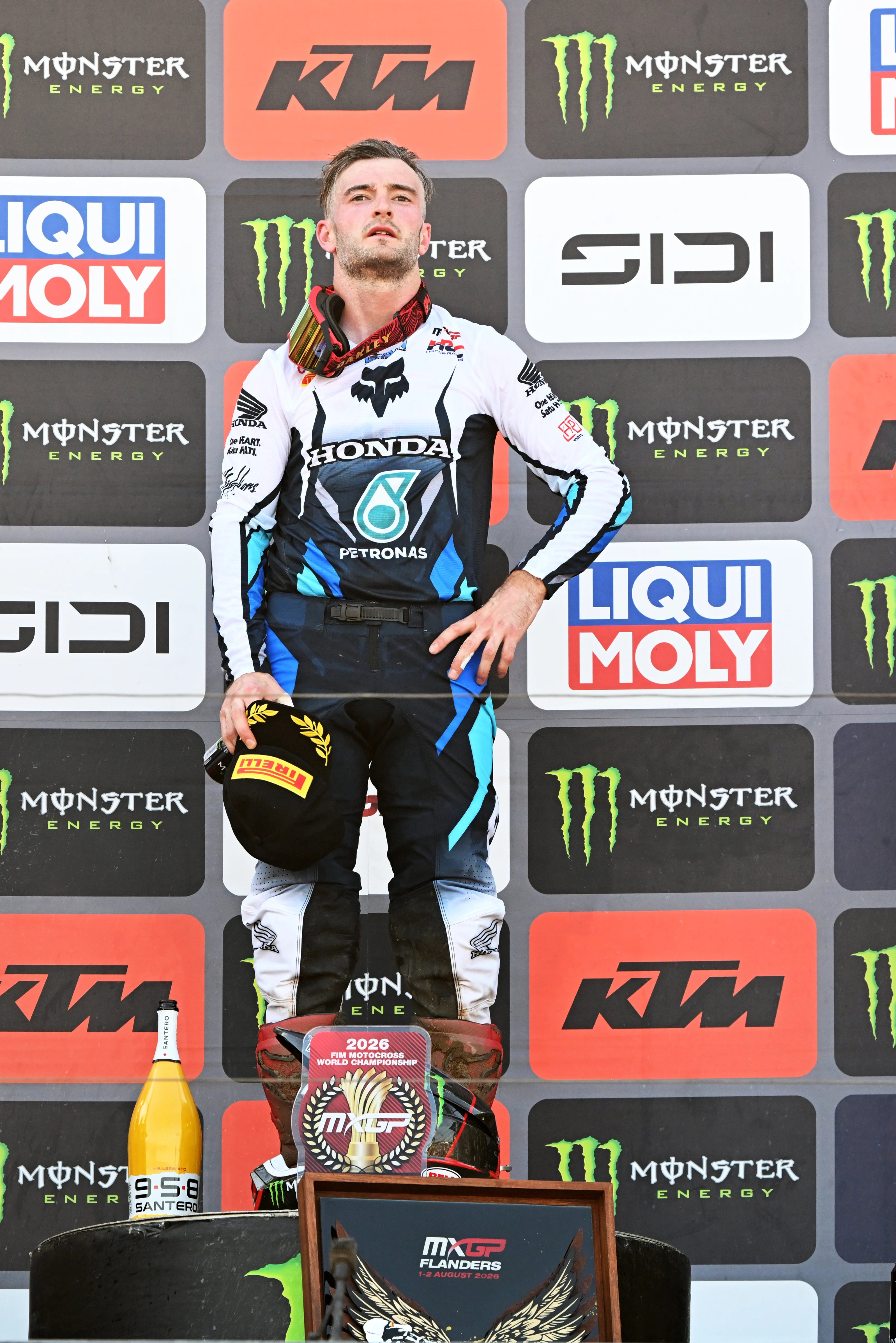 Dutch Jeffrey Herlings celebrates on the podium after the motocross MXGP Grand Prix Flanders, race 14/20 of the FIM Motocross World Championship, Sunday, August 2, 2026, in Lommel. BELGA PHOTO JILL DELSAUX