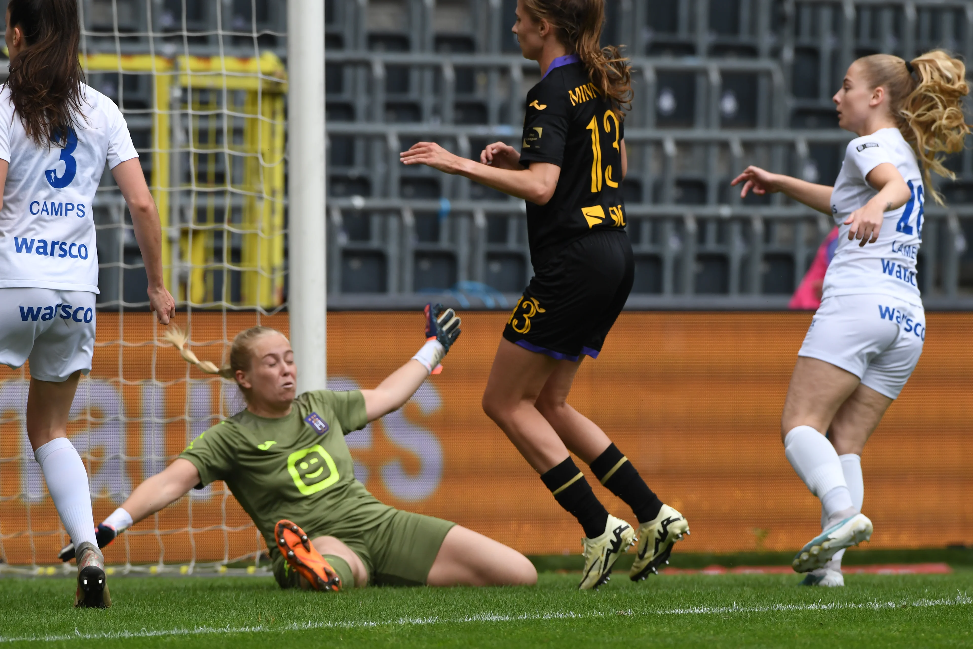 Genk's Tess Lameir scores a goal during a soccer game between RSCA Women and KRC Genk, Saturday 25 May 2024 in Brussels, on day 10/10 of the play-off group A of the Super League women's championship. BELGA PHOTO JILL DELSAUX