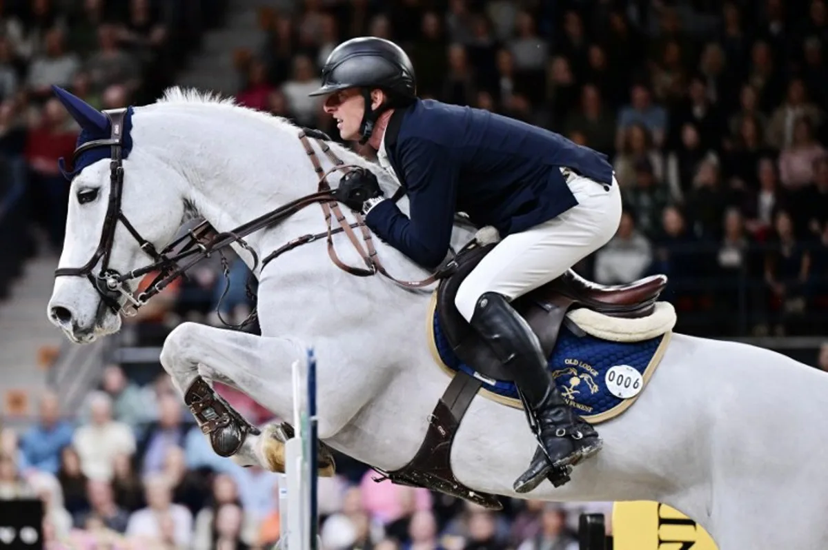 Belgium's Jeroen Appelen on the horse Dancing Wolf O.L competes during the World Cup jumping at the Gothenburg Horse Show in Scandinavium in Gothenburg, Sweden on February 23, 2025. Bjorn LARSSON ROSVALL / TT News Agency / AFP