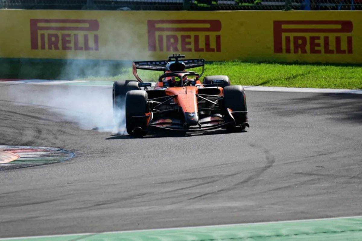 smoke billows from the car of McLaren's Australian driver Oscar Piastri during the qualifying session of the Italian Formula One Grand Prix at the Autodromo Nazionale Monza circuit in Monza, northern Italy on September 5, 2026.  Andrej ISAKOVIC / AFP