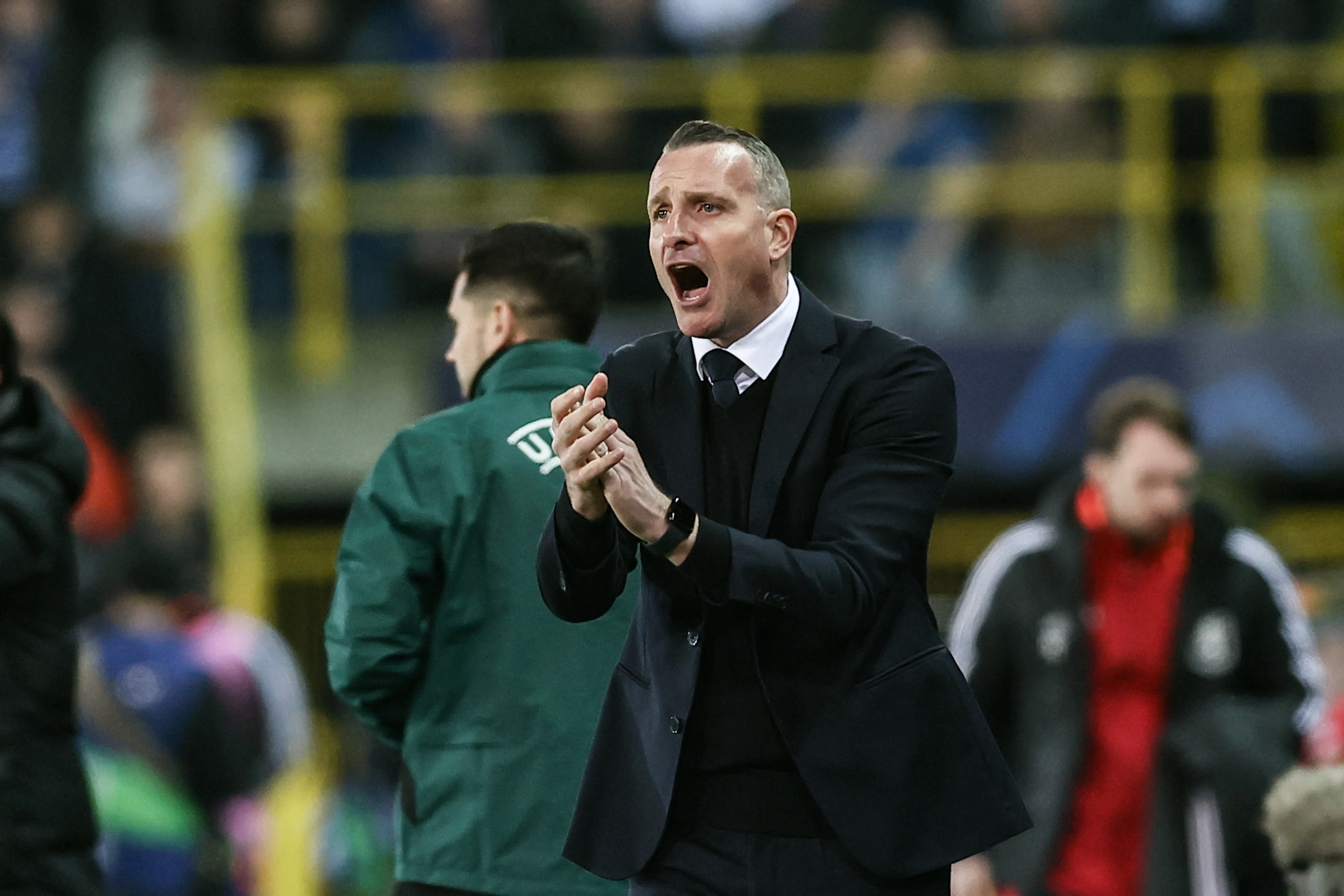 Club's head coach Nicky Hayen pictured during a soccer game between Belgian Club Brugge KV and English Aston Villa FC, Tuesday 04 March 2025 in Brugge, the first leg of the 1/8 finals of the UEFA Champions League knockout phase. BELGA PHOTO BRUNO FAHY