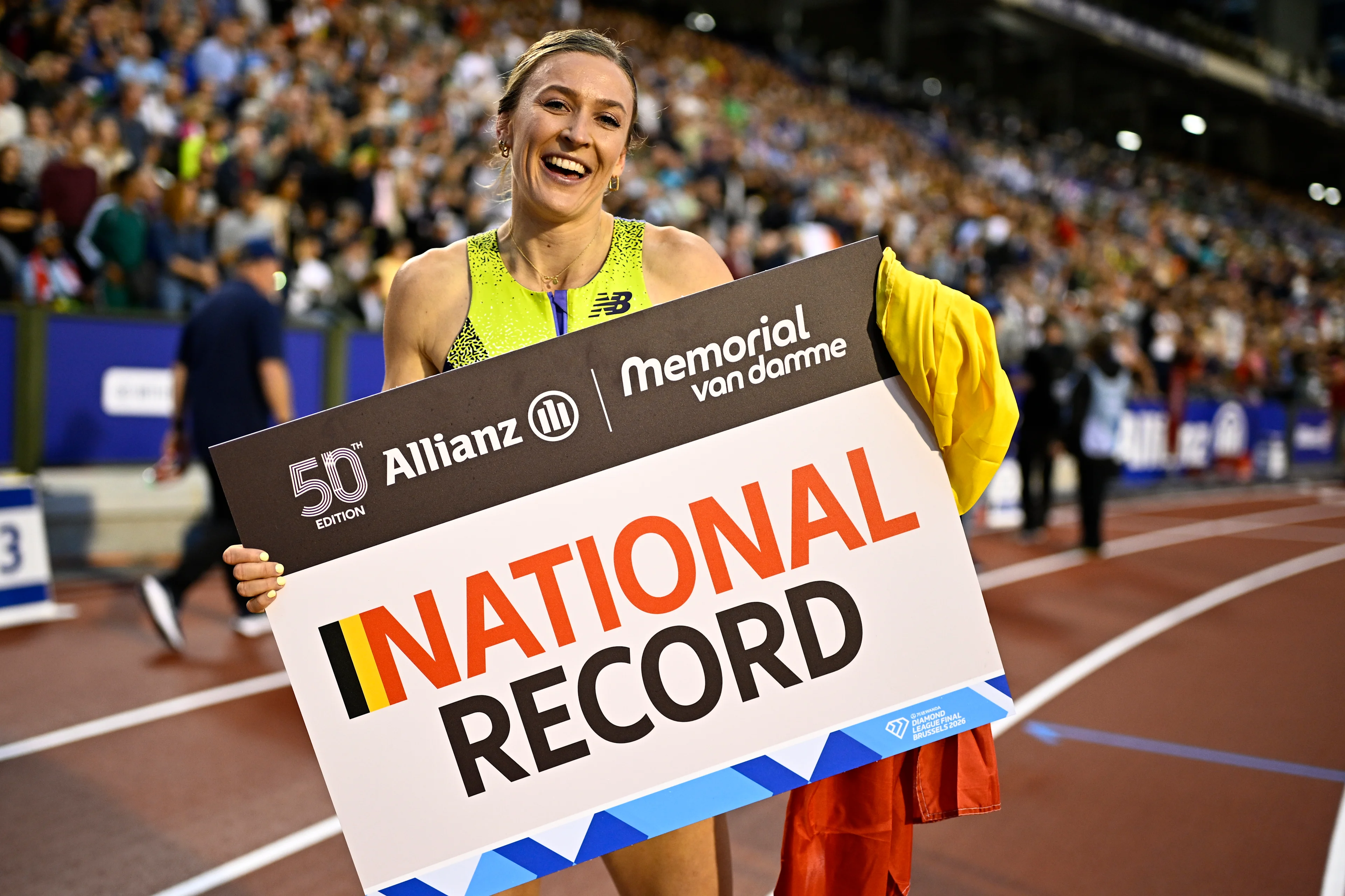 Belgian Paulien Couckuyt celebrates a Belgian record at the women's 400m hurdles, at the 50th edition of the Memorial Van Damme Diamond League athletics event in Brussels, Friday 4 September 2026. BELGA PHOTO JASPER JACOBS
