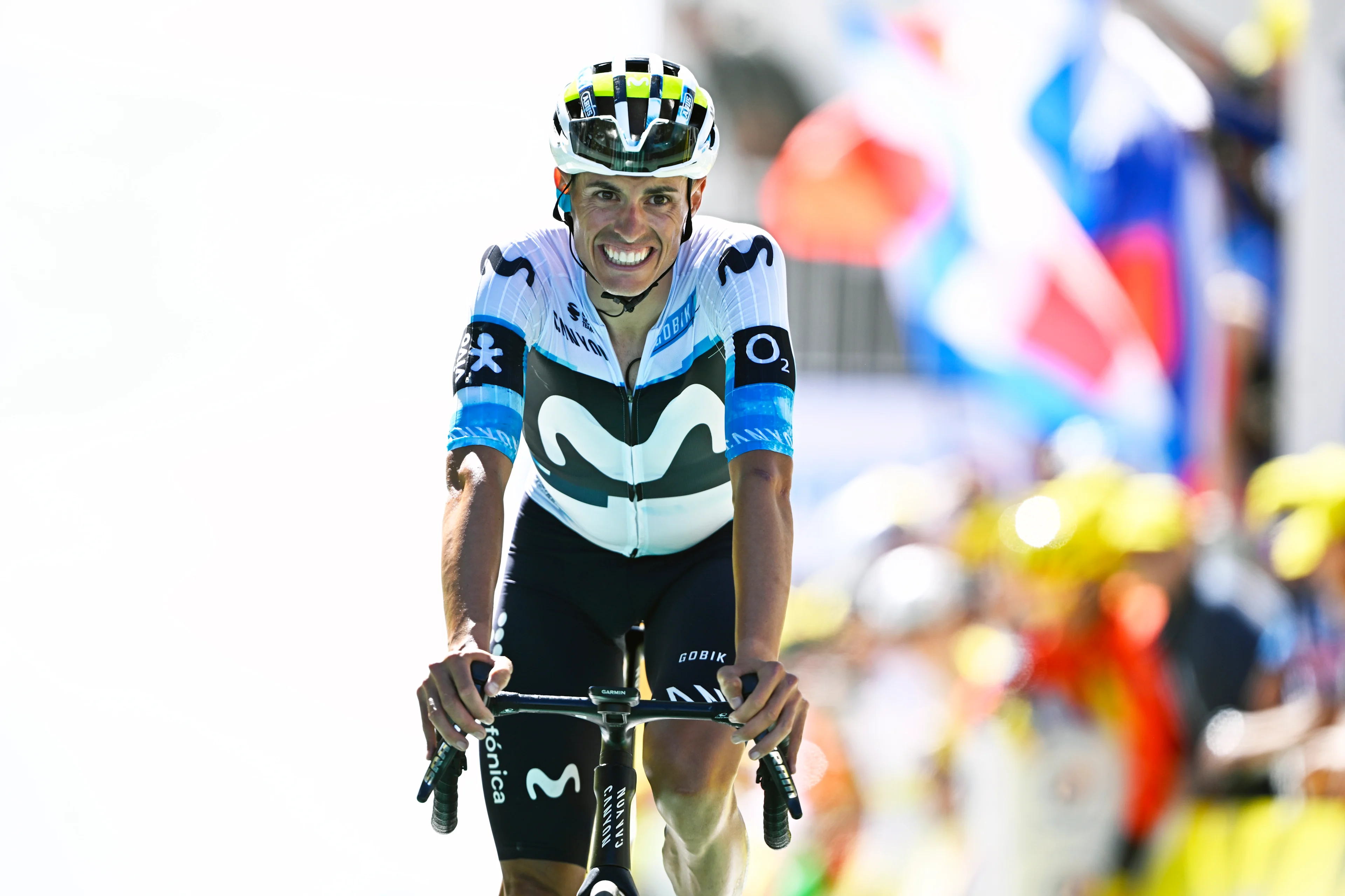 Spanish Enric Mas of Movistar Team crosses the finish line of stage 16 of the 2025 Tour de France cycling race, from Montpellier to Mont Ventoux (172 km), on Tuesday 22 July 2025 in France. The 112th edition of the Tour de France starts on Saturday 5 July in Lille, France, and will finish in Paris, France on the 27th of July. BELGA PHOTO JASPER JACOBS