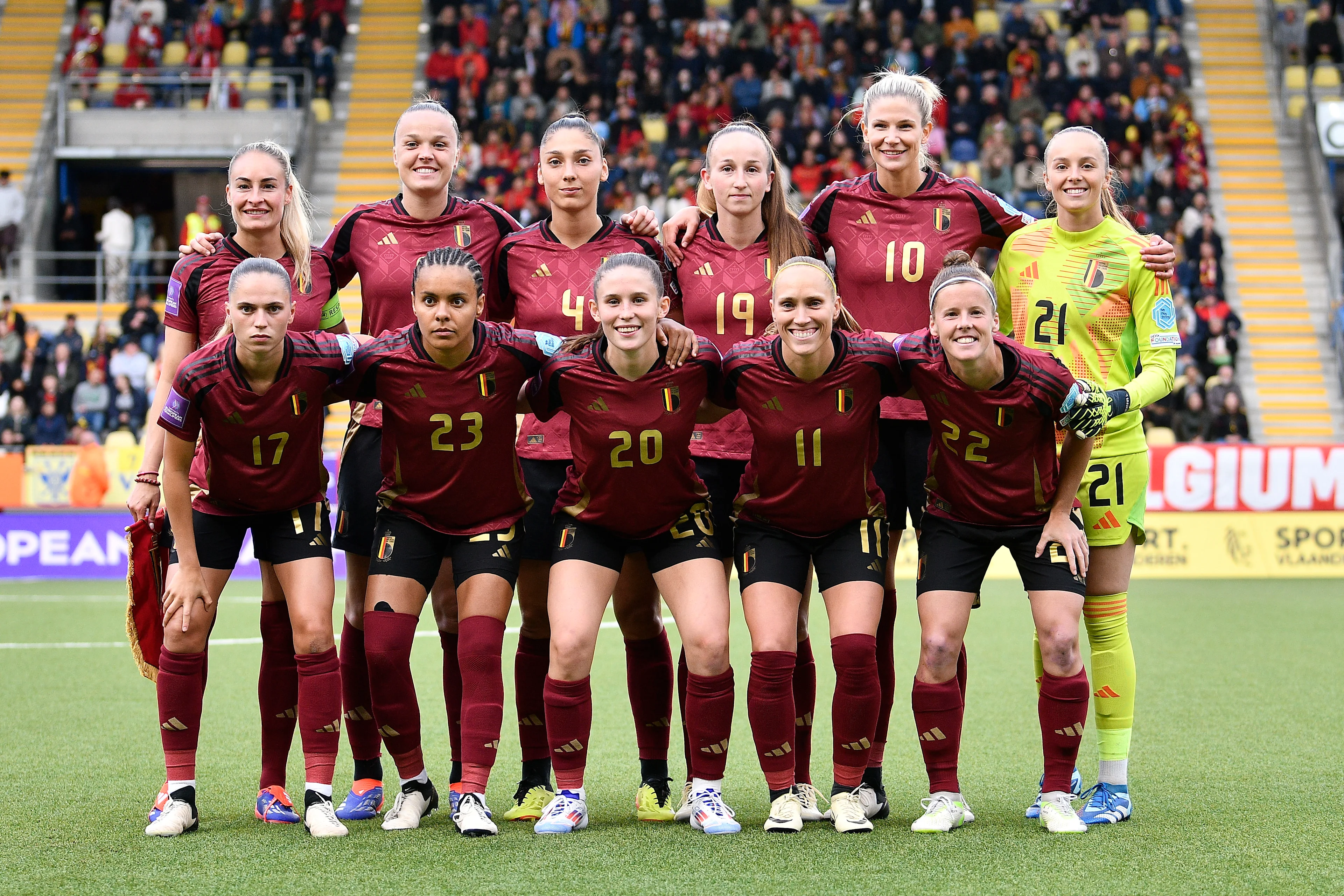 Belgium's players pictured before a soccer game between Belgium's national women's team the Red Flames and Denmark, on Friday 12 July 2024 in Heverlee, Leuven, match 5/6 of the qualifications of the 2025 European Championships. BELGA PHOTO JOHAN EYCKENS