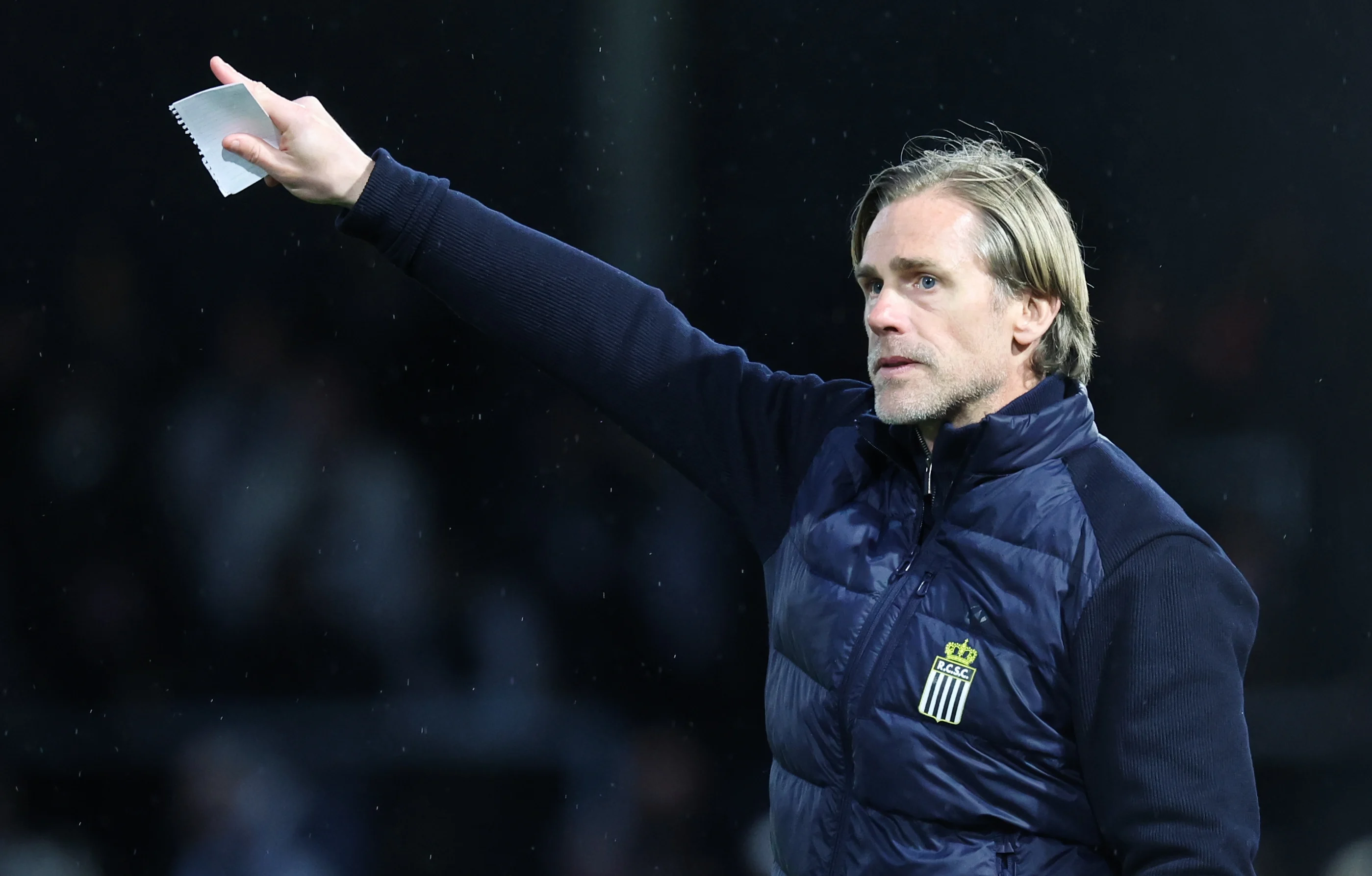 Charleroi's head coach Hans Cornelis gestures during a soccer match between KVC Westerlo and Sporting Charleroi, Sunday 05 April 2026 in Westerlo, on the first day of the Europe Play-offs (PO2) of the 2025-2026 'Jupiler Pro League' first division of the Belgian championship. BELGA PHOTO VIRGINIE LEFOUR