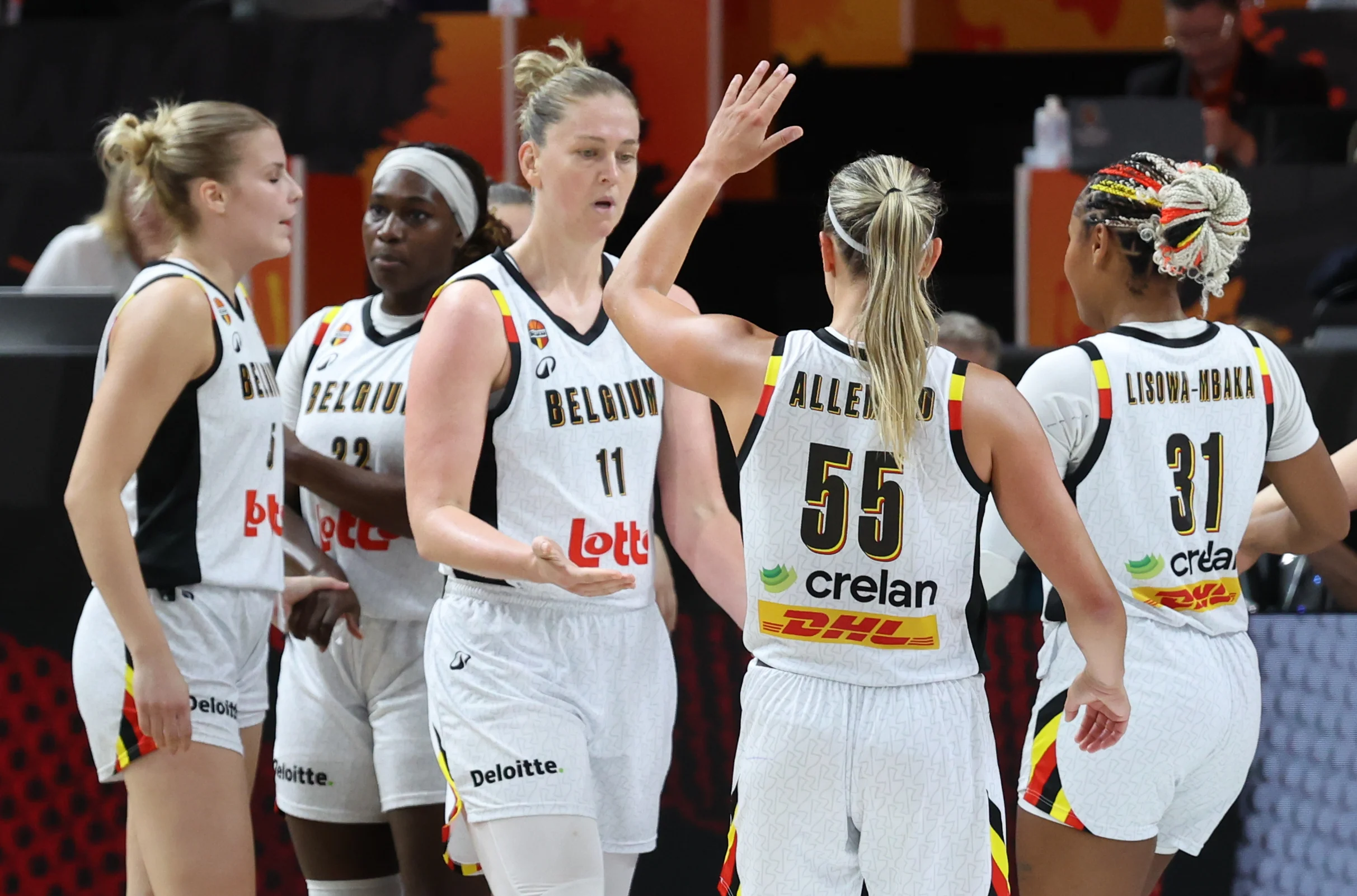 Belgium's Emma Meesseman celebrates after scoring during a game between Belgian national basketball team Belgian Cats and Turkey, game 1 of the group phase at the FIBA Women's Basketball World Cup, on Friday 4 September 2026, in Berlin, Germany. The FIBA Women's Basketball World Cup takes place in Berlin from 4 to 23 September 2026. BELGA PHOTO VIRGINIE LEFOUR
