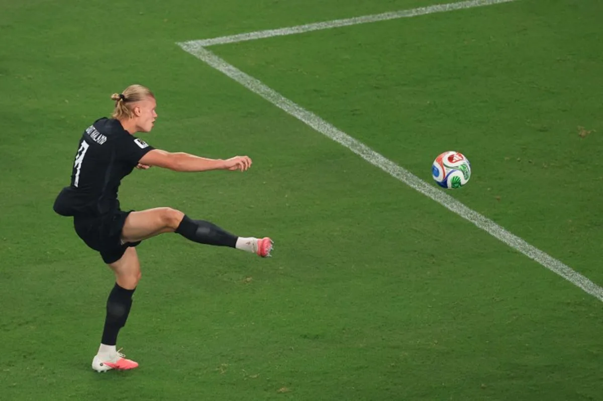 Norway's forward #09 Erling Braut Haaland scores his team's third goal during the 2026 World Cup Group I football match between Norway and Senegal at the New York/New Jersey Stadium in East Rutherford on June 22, 2026. Timothy A. CLARY / AFP