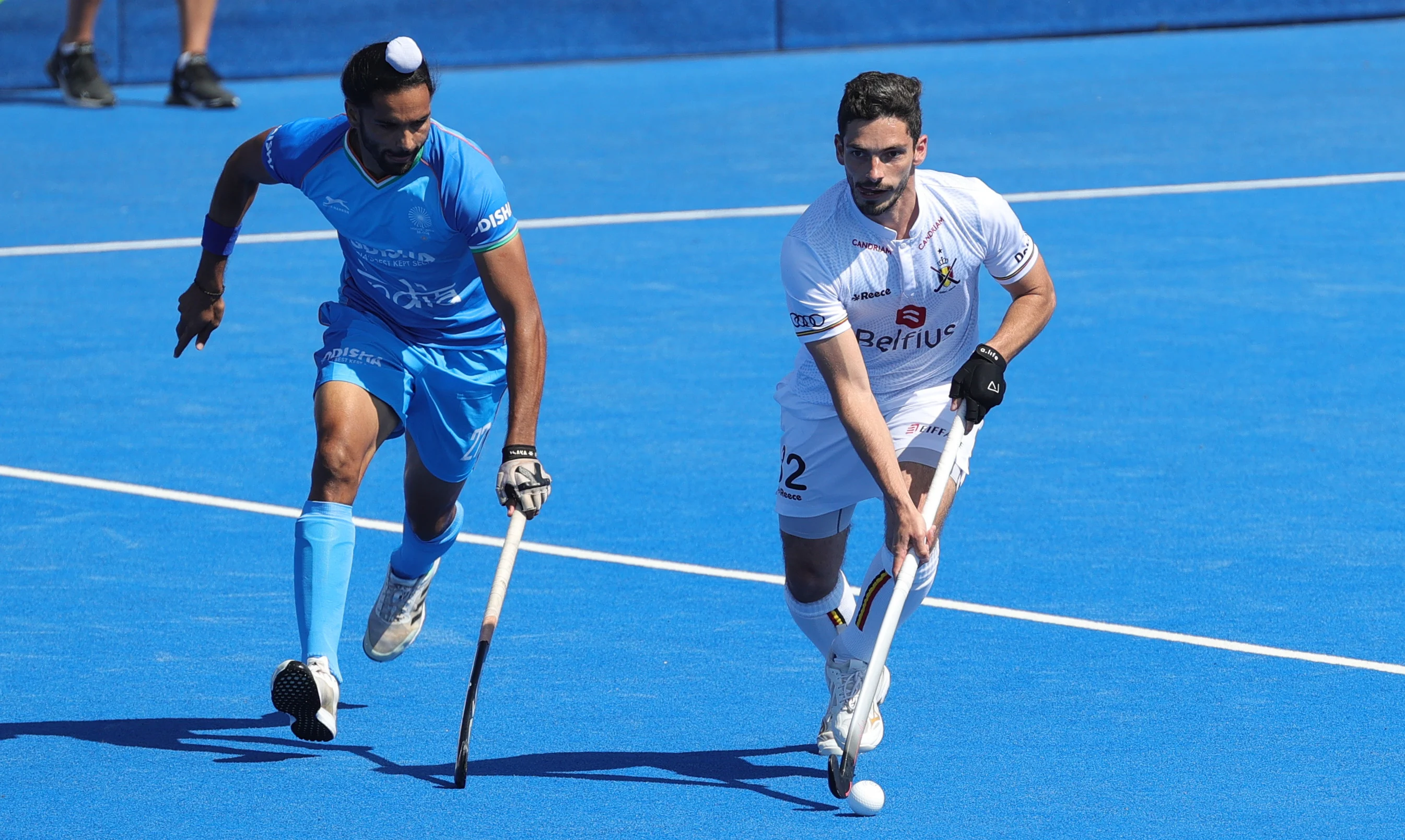 Belgium's Tanguy Cosyns fights for the ball during a game between Belgium's Red Lions and India, the first match (out of 12) in the group stage of the 2023 Men's FIH Pro League, Friday 26 May 2023 in London, United Kingdom. BELGA PHOTO VIRGINIE LEFOUR