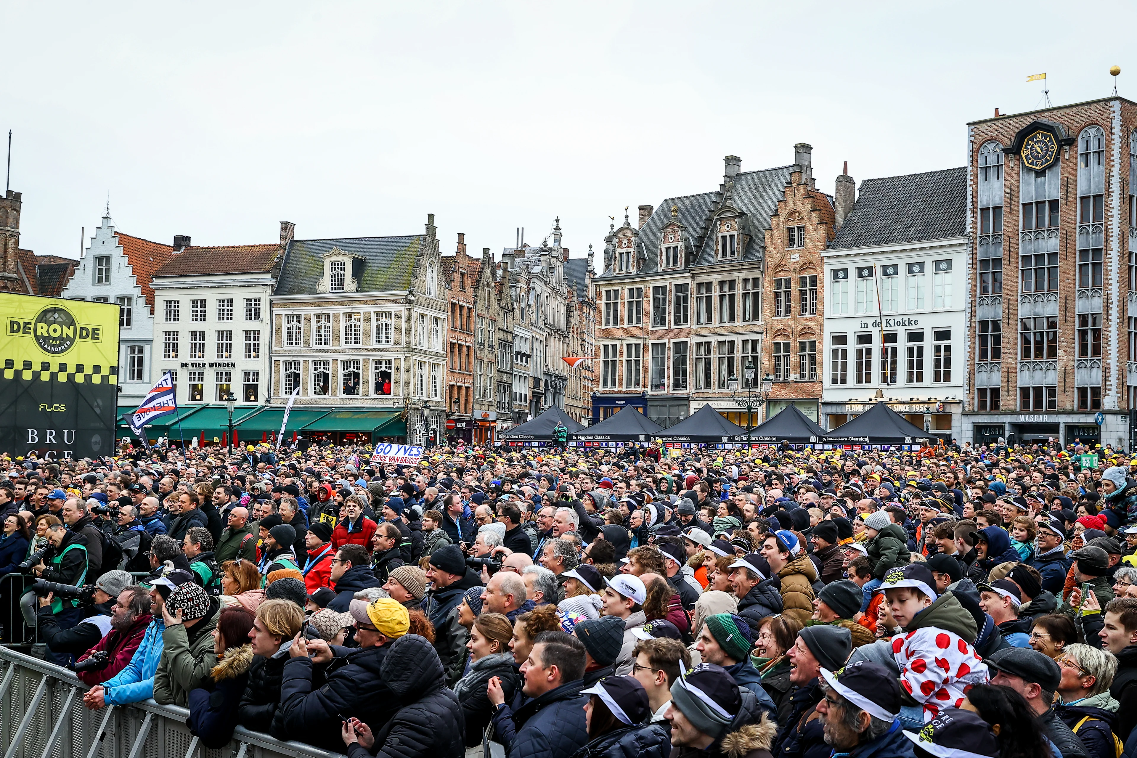 Cycling fans pictured at the start of the men's race of the 'Ronde van Vlaanderen/ Tour des Flandres/ Tour of Flanders' one day cycling event, 273,4km from Brugge to Oudenaarde, Sunday 02 April 2023. BELGA PHOTO DAVID PINTENS