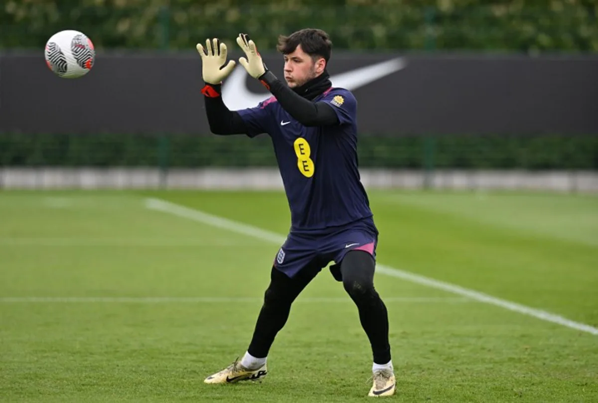 England's goalkeeper James Trafford takes part in a team training session at the Tottenham Hotspur Training Ground, in Enfield, north London on March 25, 2024, on the eve of their International friendly football match against Belgium. Glyn KIRK / AFP