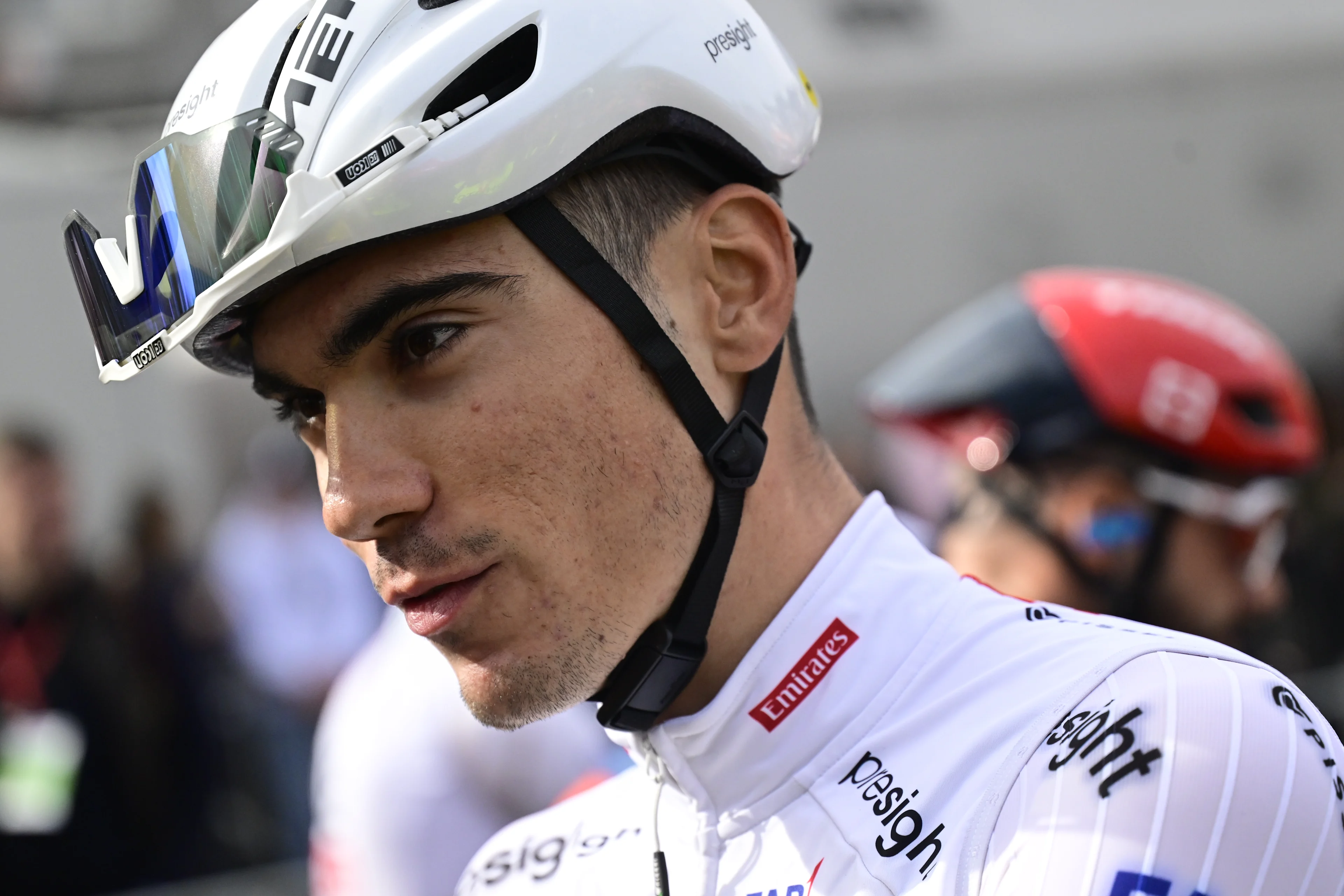 Spanish Juan Ayuso of UAE Team Emirates pictured at the start of the men elite 'Amstel Gold Race' one day cycling race, 253,6 km from Maastricht to Valkenburg, The Netherlands, Sunday 14 April 2024. BELGA PHOTO DIRK WAEM