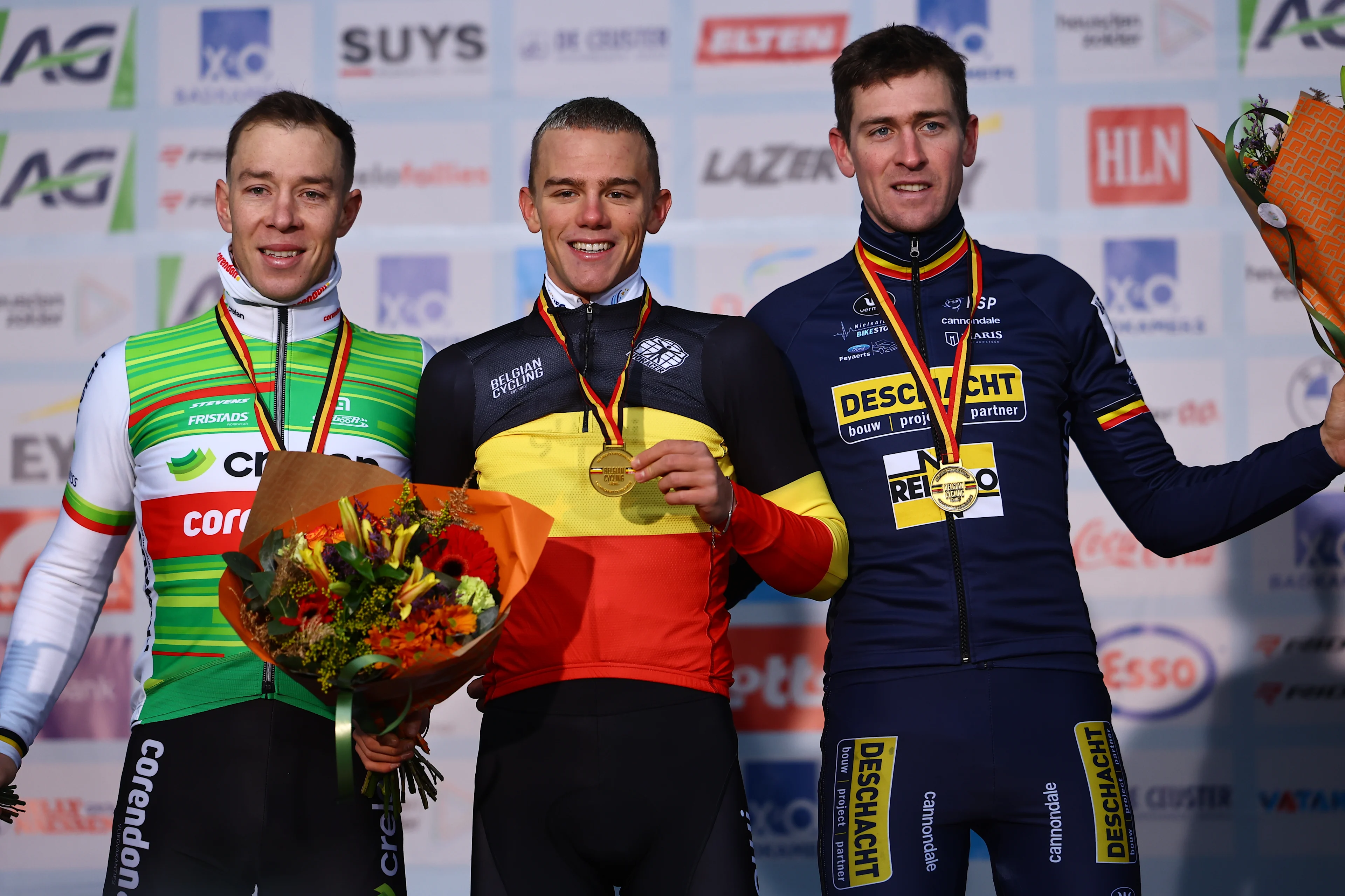 Belgian Laurens Sweeck, Belgian Thibau Nys and Belgian Toon Aerts celebrate on the podium after the elite men race of the Belgian Cyclocross Championships (11-12/01) on Sunday 12 January 2025 in Heusden-Zolder. BELGA PHOTO DAVID PINTENS