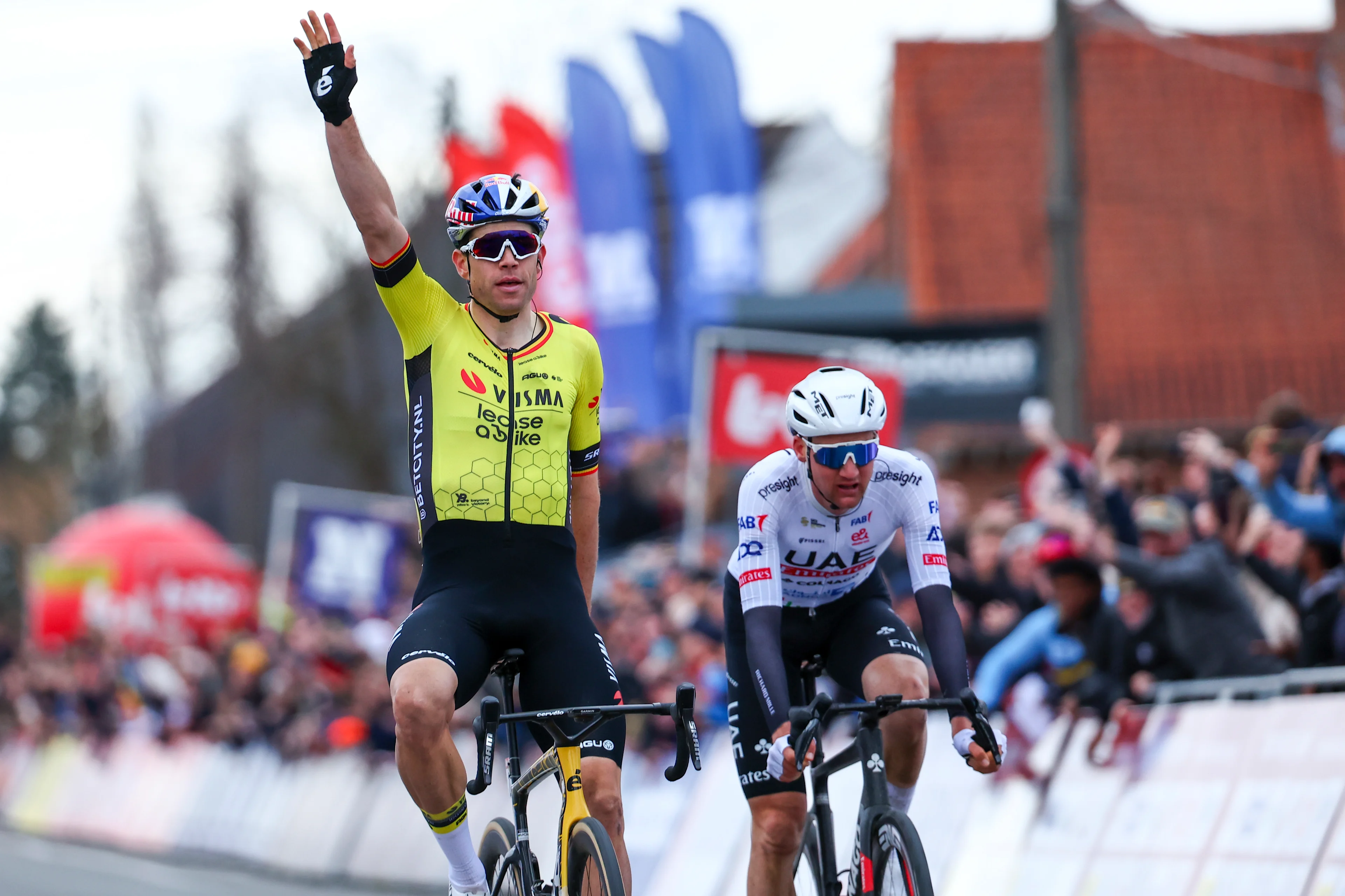 Belgian Wout van Aert of Team Visma-Lease a Bike celebrates at the finish of the Kuurne-Brussels-Kuurne one day cycling race, 196,4 km from Kuurne to Kuurne via Brussels, Sunday 25 February 2024. BELGA PHOTO DAVID PINTENS