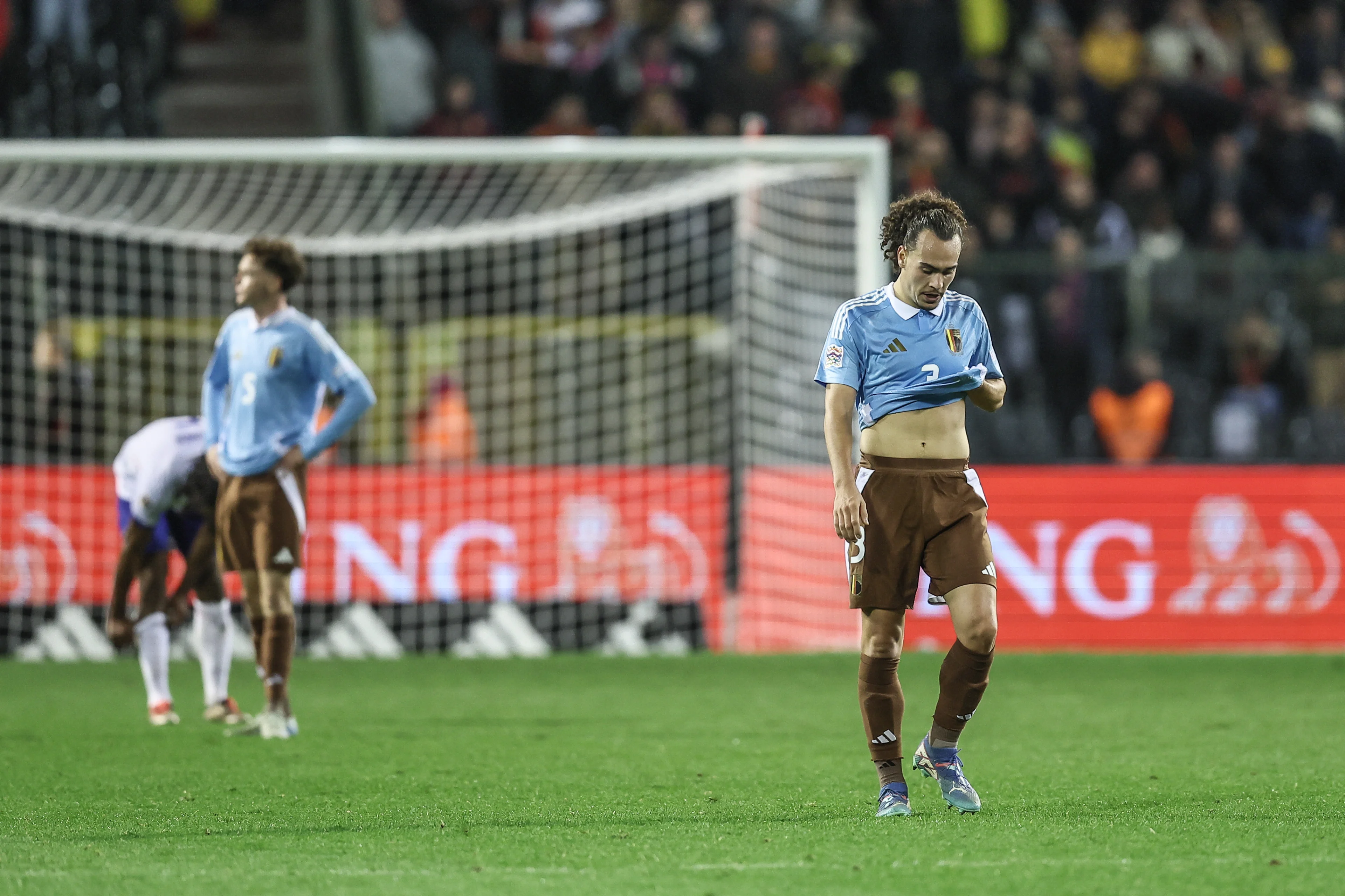 Belgium's Arthur Theate looks dejected after a soccer game between Belgian national soccer team Red Devils and France, match 4 (out of 6) in the League A Group 2 of the UEFA Nations League 2025 competition, Monday 14 October 2024 in Brussels. BELGA PHOTO BRUNO FAHY